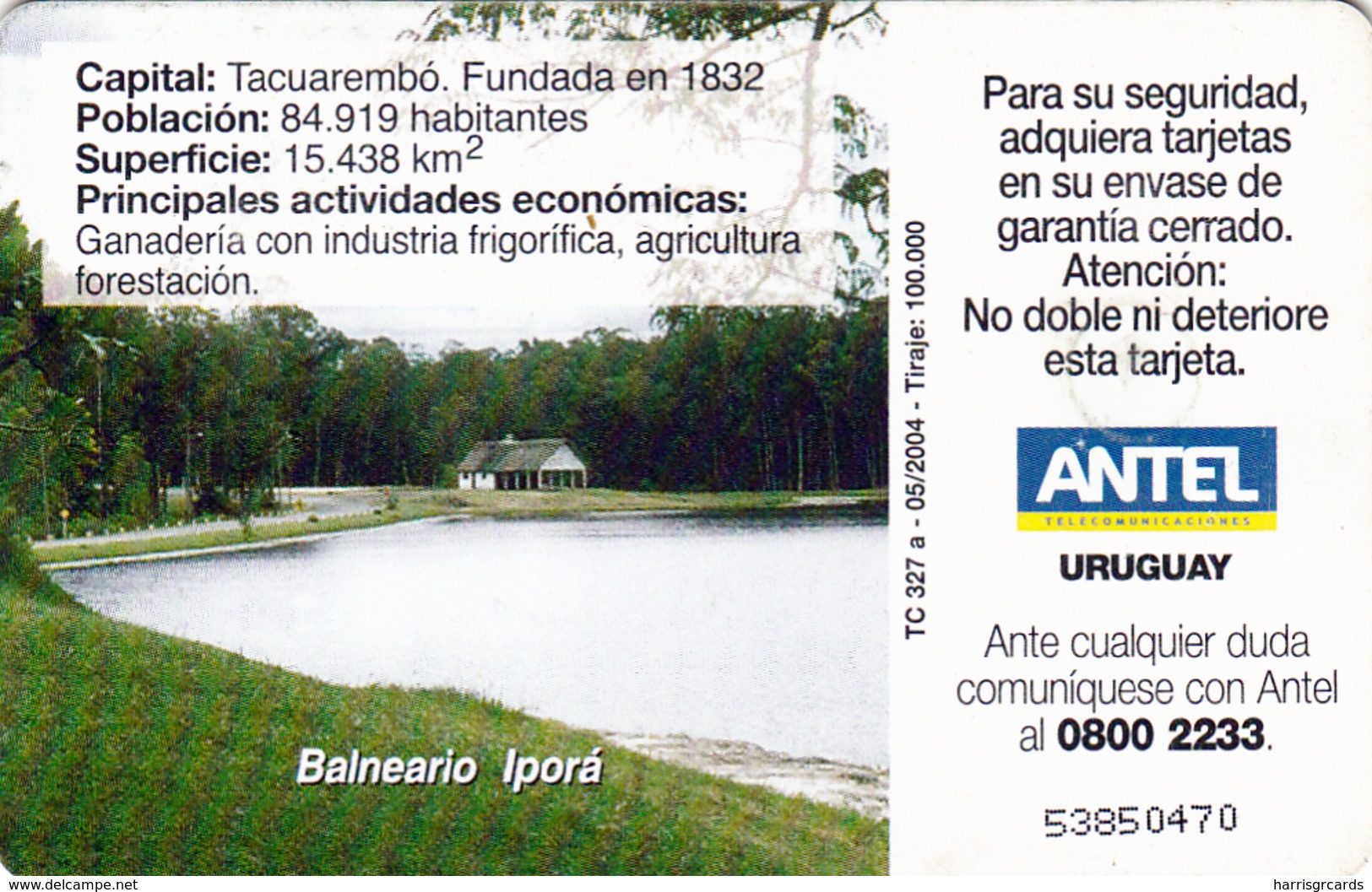 URUGUAY - Tacuarembo: Puente Colgante Valle Eden , TC 327a, 25 $ , Tirage 100.000, Used - Uruguay