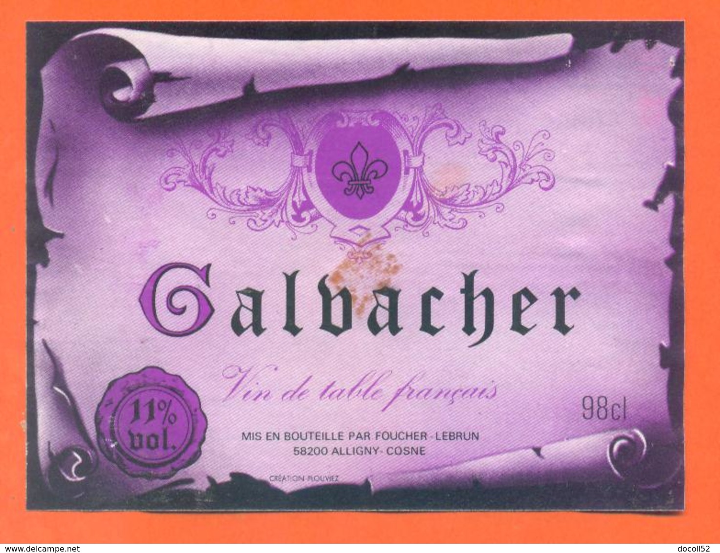 étiquette Ancienne Vin De Table Galbacher Foucher Lebrun à Alligny Cosne - 11 °/° - 98 Cl - Red Wines