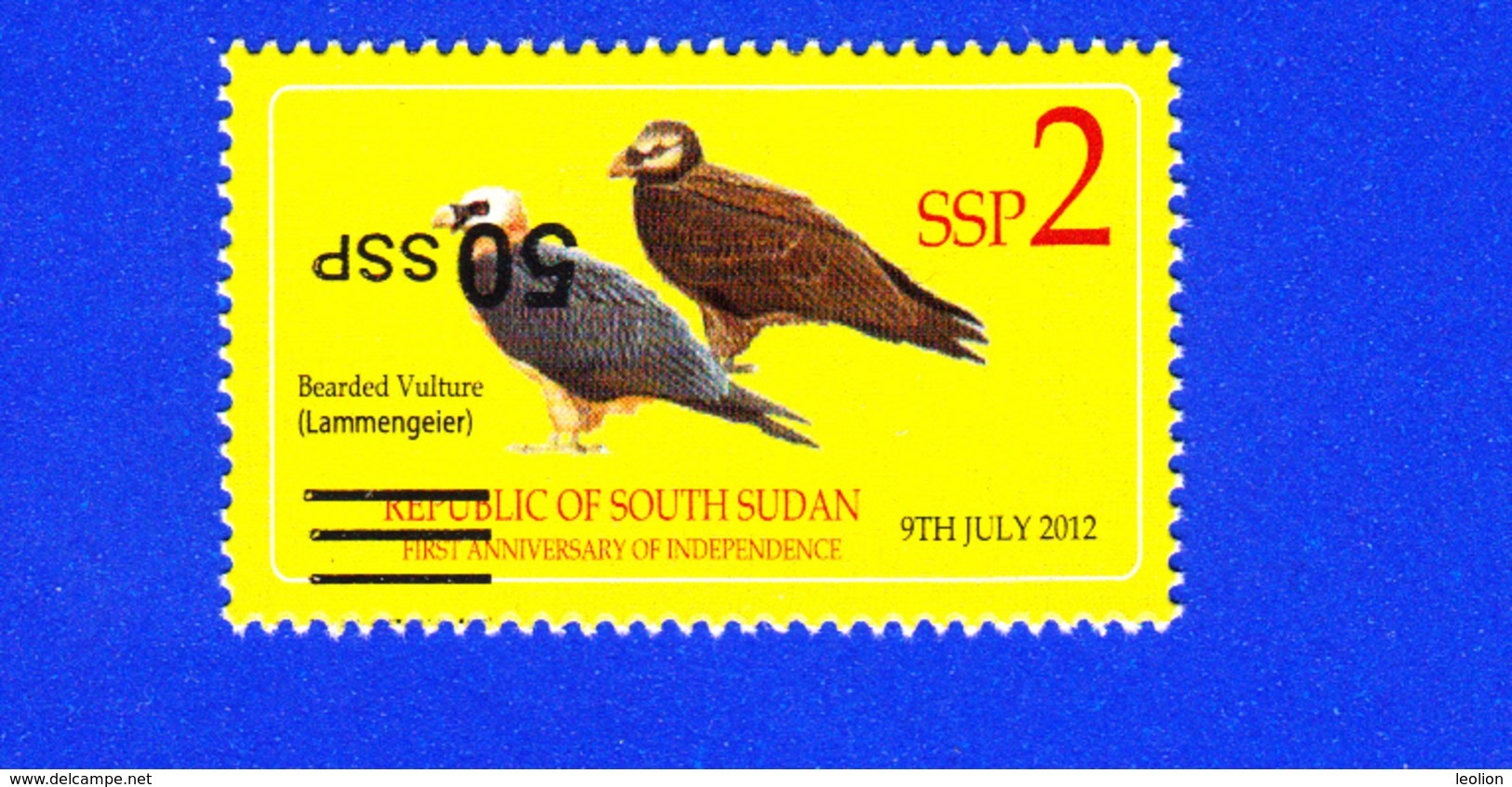 SOUTH SUDAN Stamp ERROR!!! 50 SSP INVERTED Overprint On 2 SSP Birds Bearded Vulture Südsudan Soudan Du Sud - Zuid-Soedan