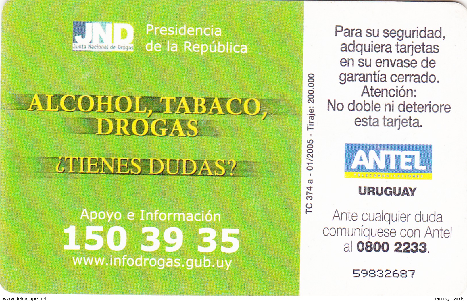 URUGUAY - NO A Las Drogas, TC 374a, 25 $ , Tirage 200.000, Used - Uruguay