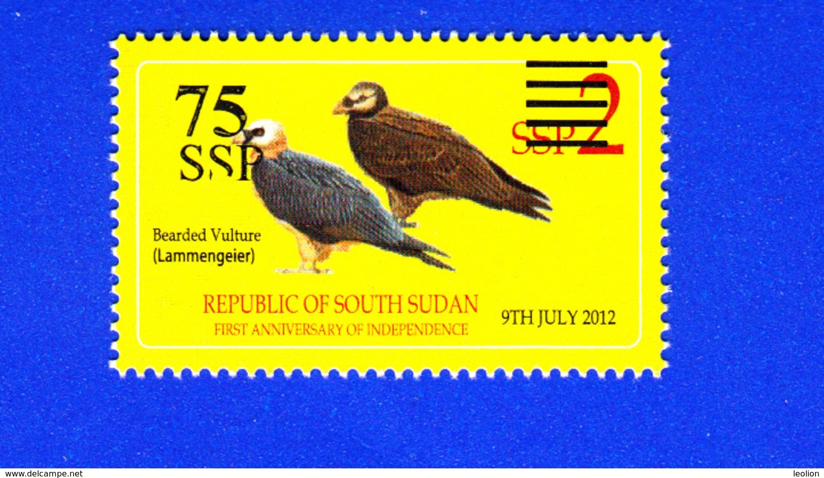 SOUTH SUDAN Stamp Unissued Proof 75 SSP Overprint On 2 SSP Birds Bearded Vulture Südsudan Soudan Du Sud - South Sudan