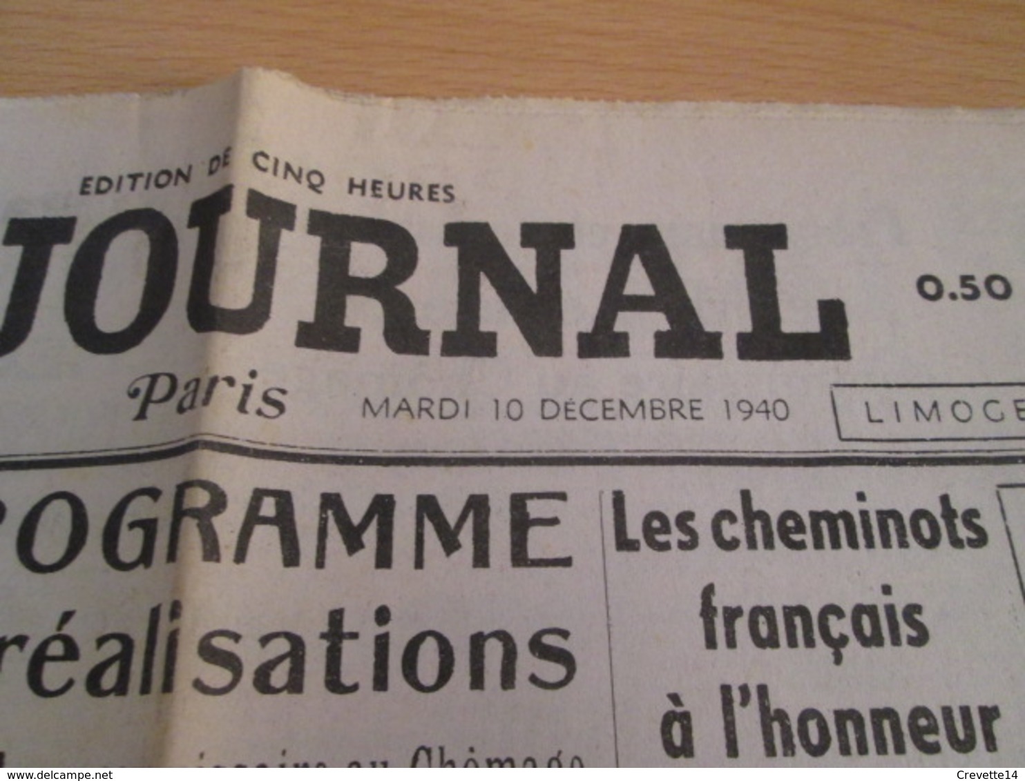 FAC-SIMILE : LE JOURNAL DU 10/12/1940 PARIS LYON LIMOGES - French