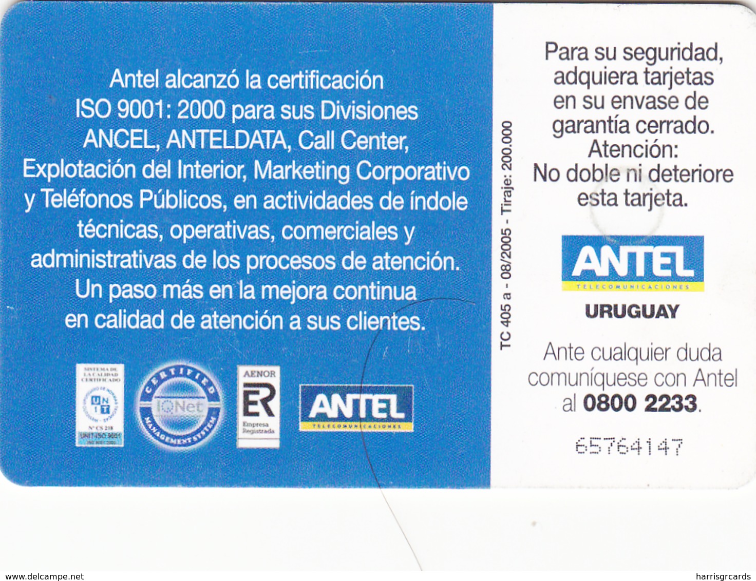 URUGUAY - ISO 9001: 2000 - Smiling Woman, TC 405a, 25 $ , Tirage 200.000, Used - Uruguay