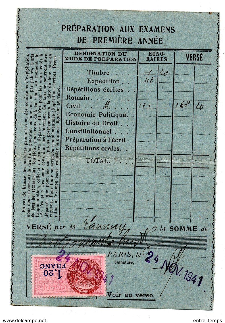 Sorbonne 1941  Inscription Fiscal 1fr20 - Autres & Non Classés