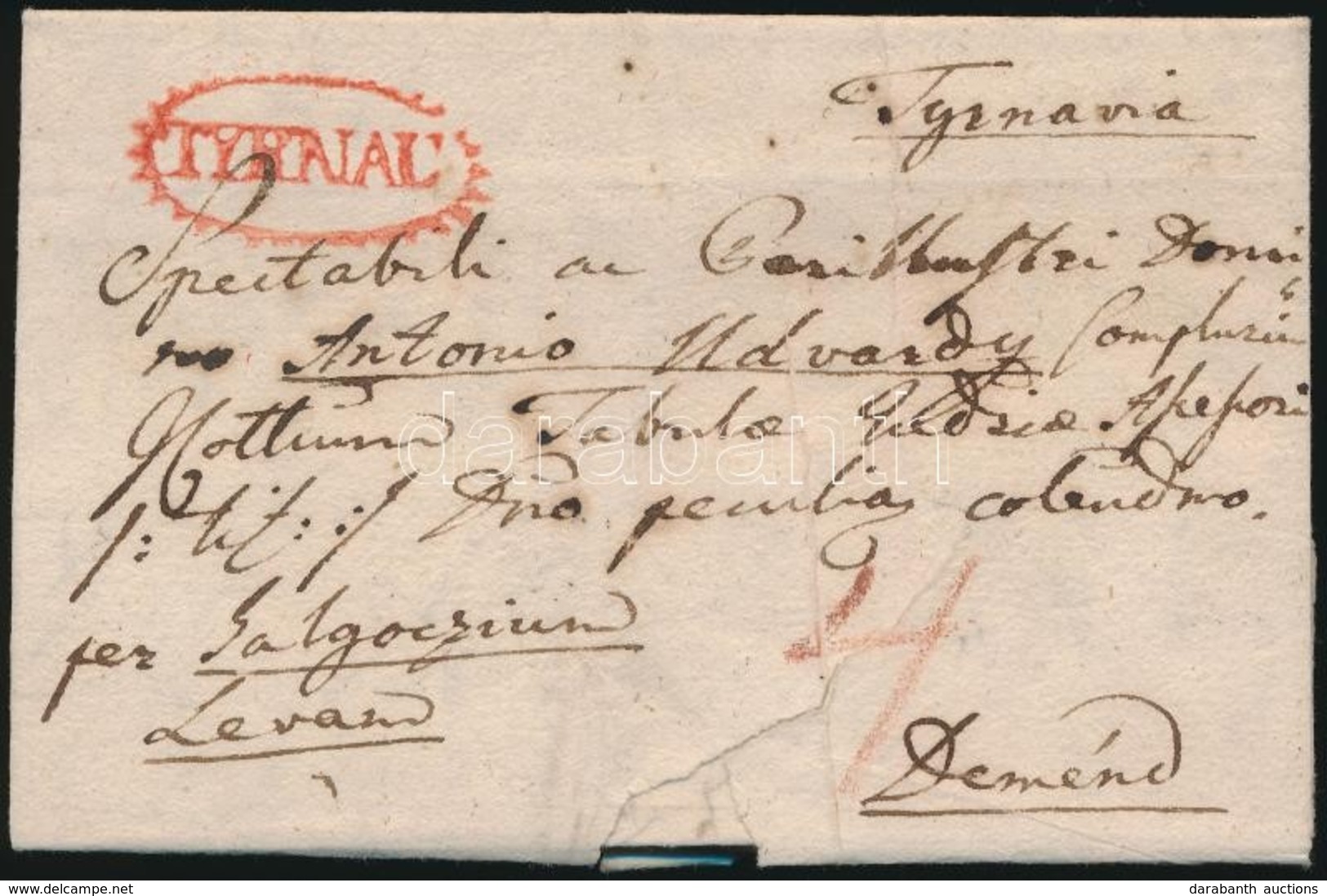 1821 Portós Levél Teljes Tartalommal / Unpaid Cover With Full Content Piros/red 'TYRNAU' - Altri & Non Classificati