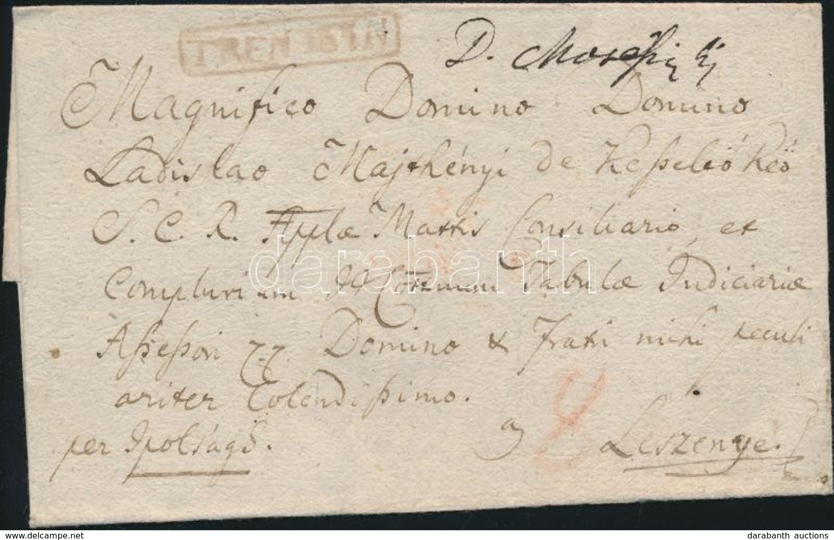 Ca 1830 Portós Levél / Cover With Postage Due, Piros / Red 'TRENTSIN' - Lesznye - Sonstige & Ohne Zuordnung