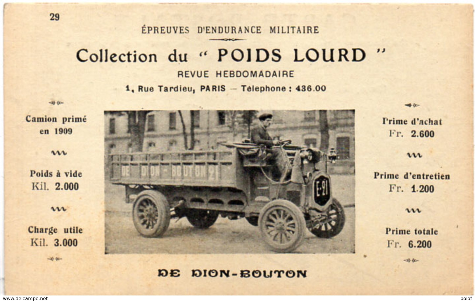 Epreuve D' Endurance Militaire - Collection Du "Poids Lourd" De DION-BOUTON  (104784) - Trucks, Vans &  Lorries