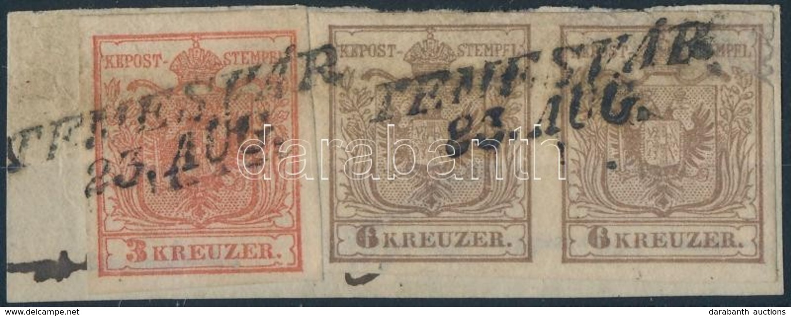 1850 3kr HP I. + 6kr HP I. Pár/pair Kivágáson/on Piece 'TEMESVÁR' - Altri & Non Classificati