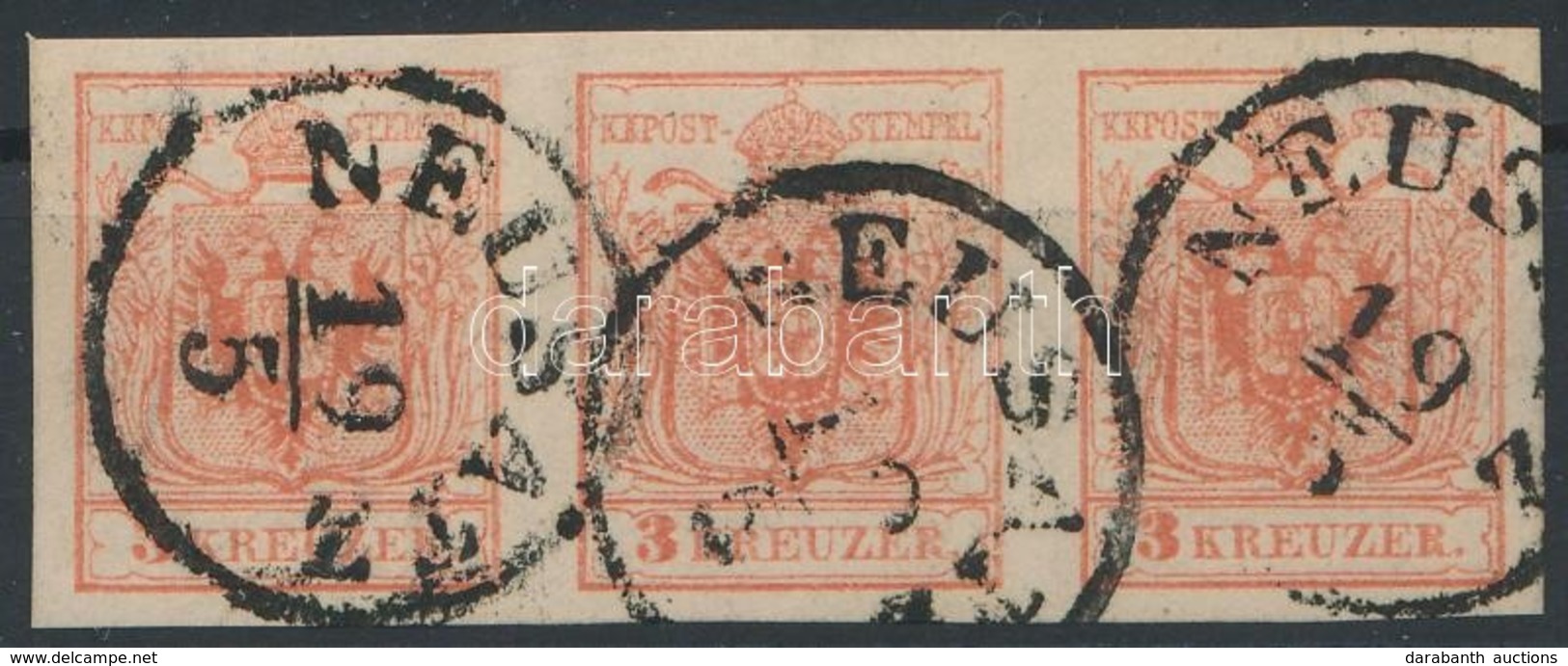 O 1850 3kr MP IIIb Kárminrózsa Hármascsík / Carmine Rose Stripe Of 3 'NEUSATZ' Certificate: Matl - Altri & Non Classificati