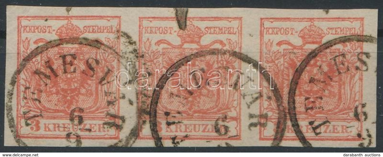 O 1850 3kr HP Ia Kármin Hármascsík / Carmine Stripe Of 3. Certificate: Matl - Altri & Non Classificati