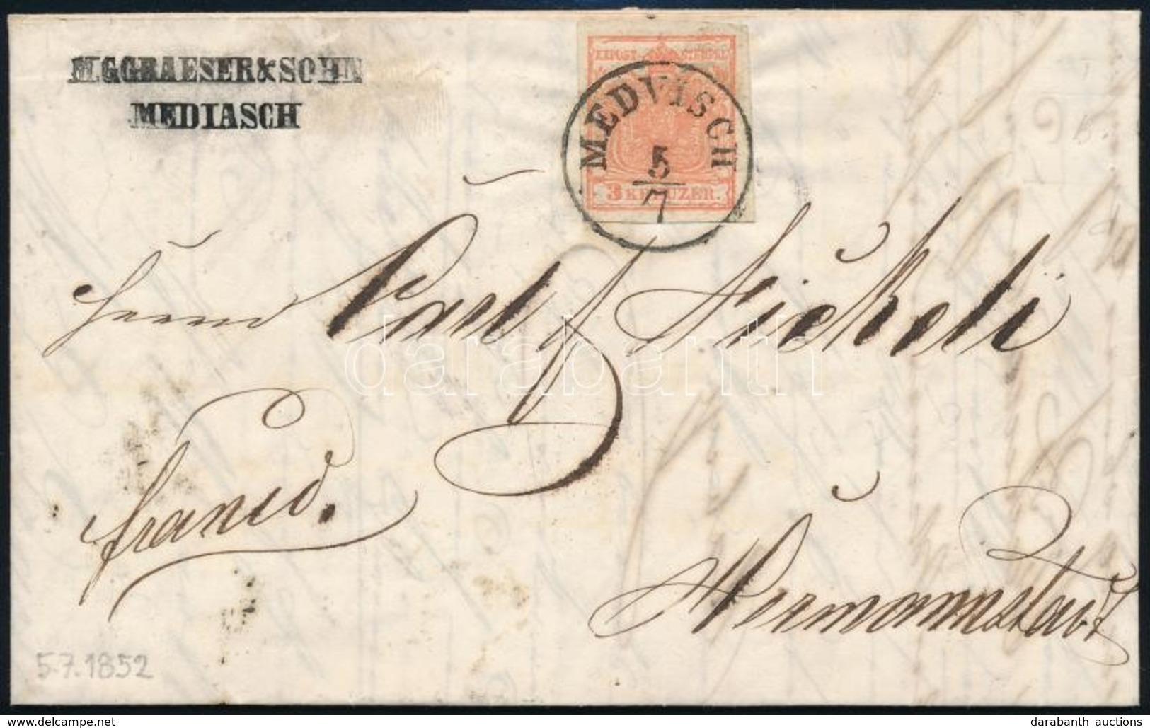 1852 3kr HP I. Levélen / On Cover 'MEDVISCH' - 'HERRMANNSTADT' - Altri & Non Classificati