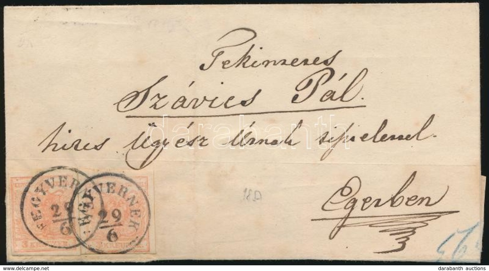 1857 2 X 3kr MP, Levélen / On Cover 'FEGYVERNEK' (Gudlin 80 P) - Altri & Non Classificati