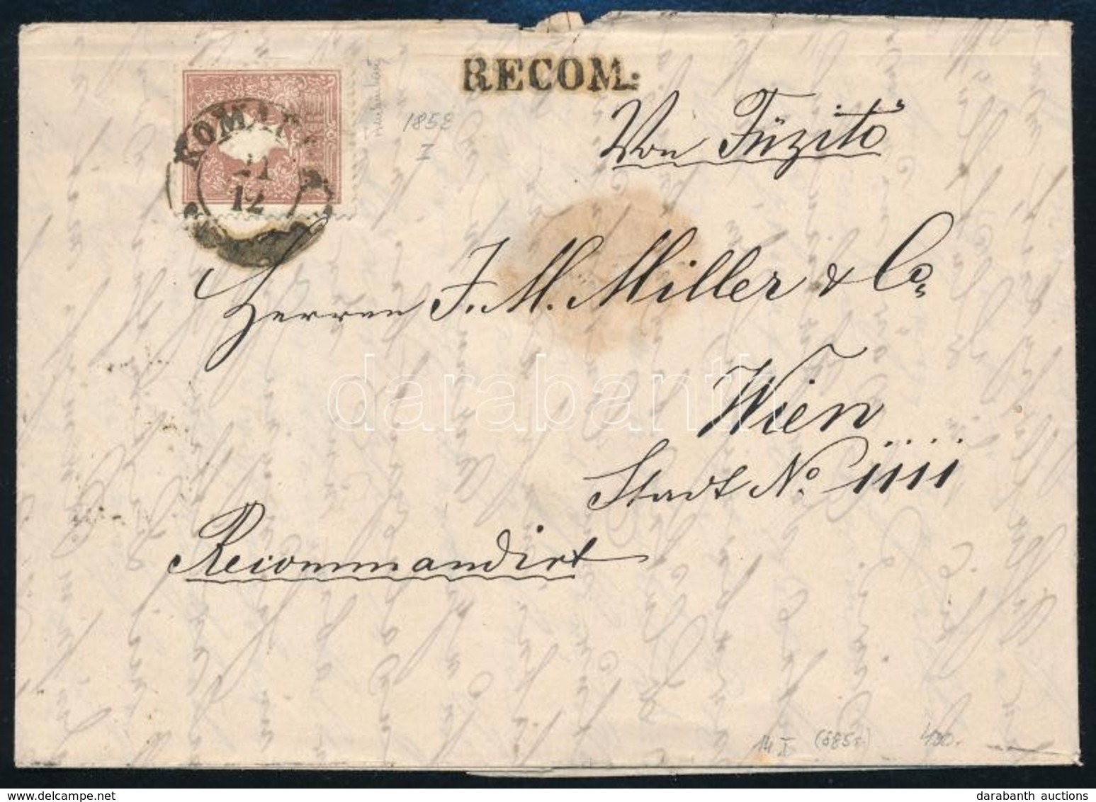 1858 10kr I. Ajánlott Levélen / On Registered Cover (a Hátoldali Bélyeg Hiányzik /stamp Missing From Backside) 'KOMÁROM' - Sonstige & Ohne Zuordnung