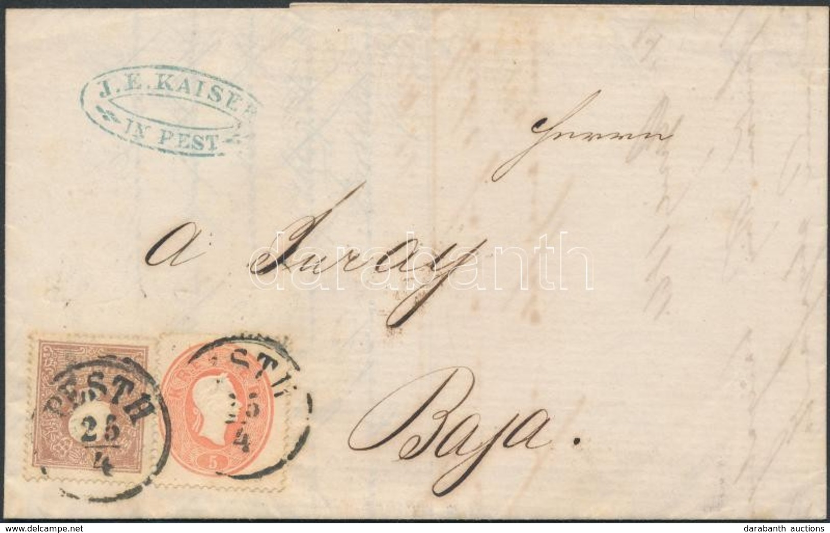 1861 1858 10kr + 1861 5kr Vegyes Bérmentesítés Levélen /  Mixed Franking On Cover 'PESTH' - 'BAJA' - Altri & Non Classificati