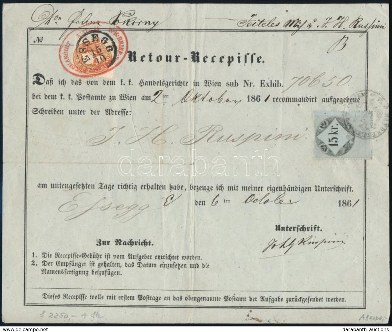 1861 10kr Bécsb?l Eszékre Küldött Levél Tértivevényen / 10kr On Retour Recepisse Of A Cover From 'WIEN' To 'ESSEG' - Altri & Non Classificati