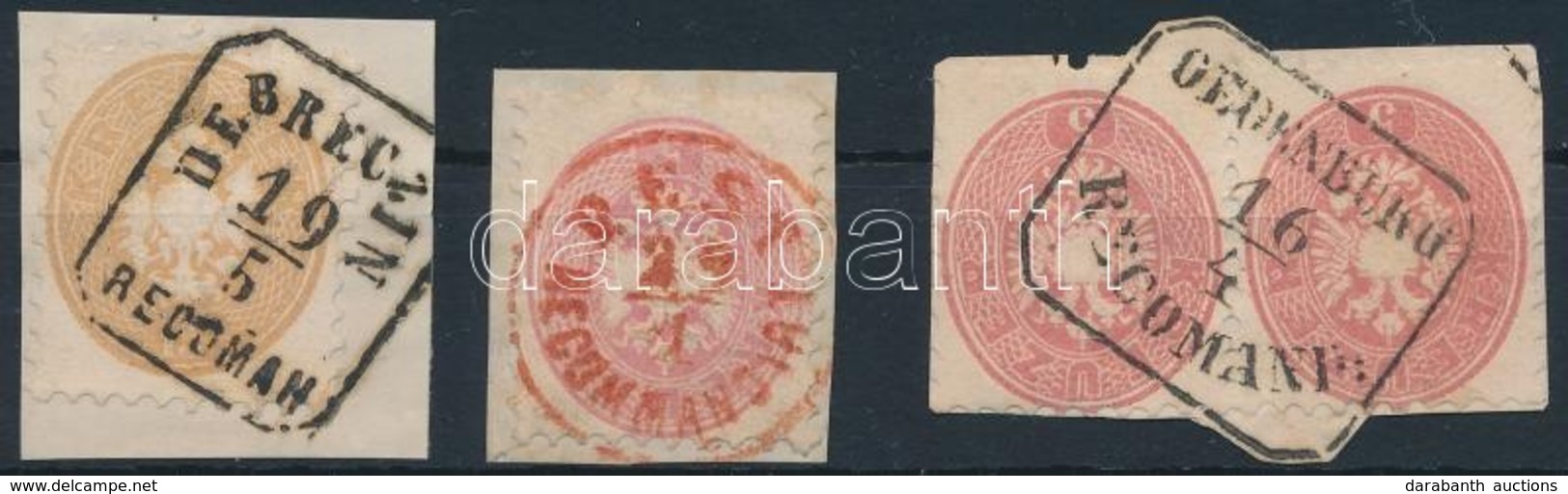 1864 4 Db Bélyeg Kivágásokon / 4 Stamps On Cuttings 'DEBRECZIN RECOMAN', 'PEST RECOMMANDIRT', 'OEDENBURG RECOMAND' - Altri & Non Classificati