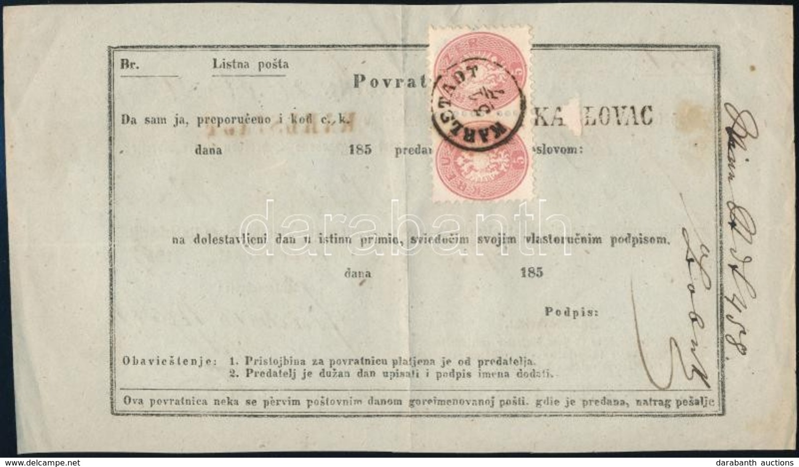 1867 5kr Pár Bécsb?l érkezett Levél Tértivevényen / Pair On Retour Recepisse Of A Cover From Wien To 'KARLSTADT' - Altri & Non Classificati