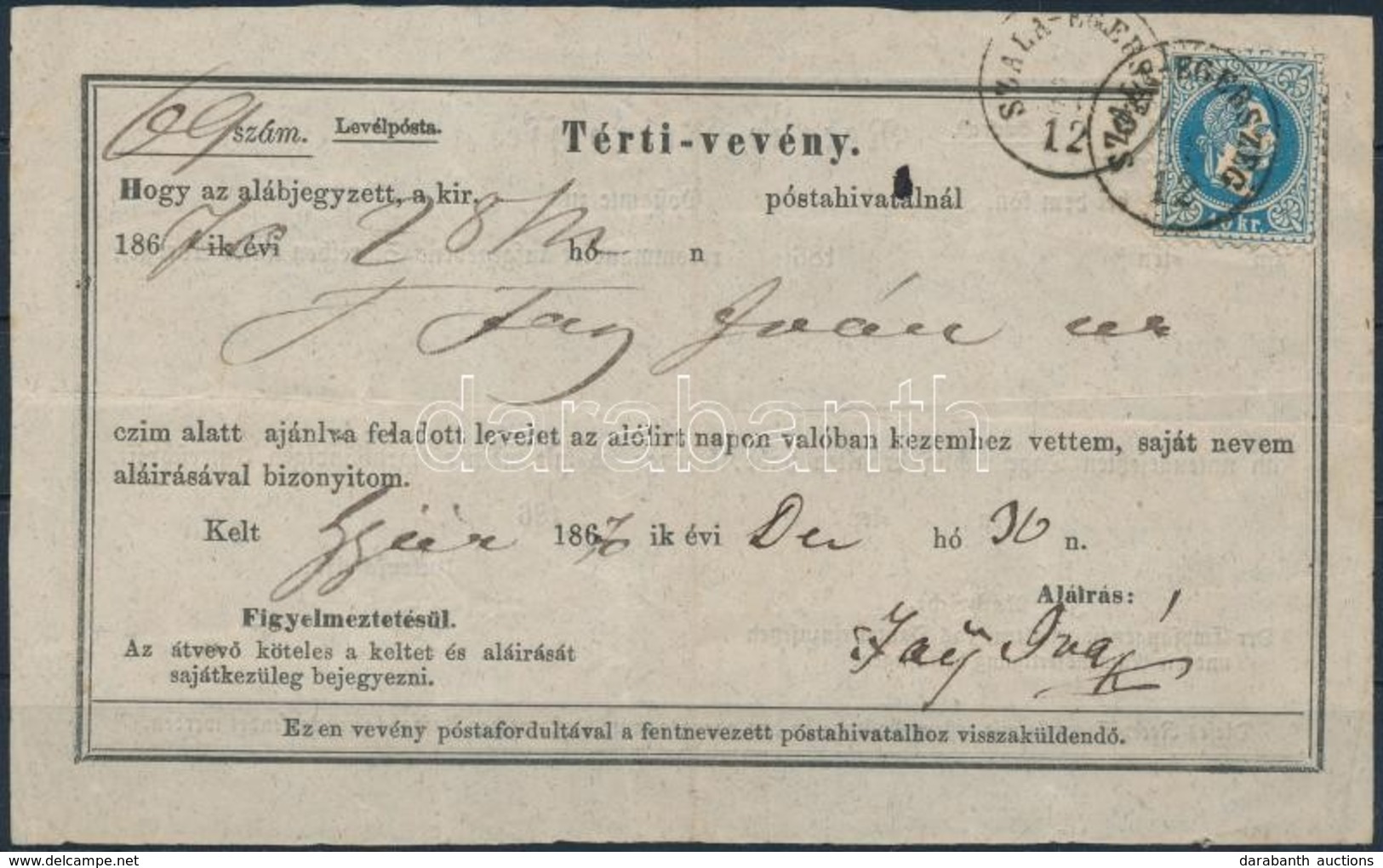 1870 Tértivevény 10kr Bérmentesítéssel (1.800 P) / Retour Recepisse With 10kr 'SZALA-EGERSZEG' - Altri & Non Classificati