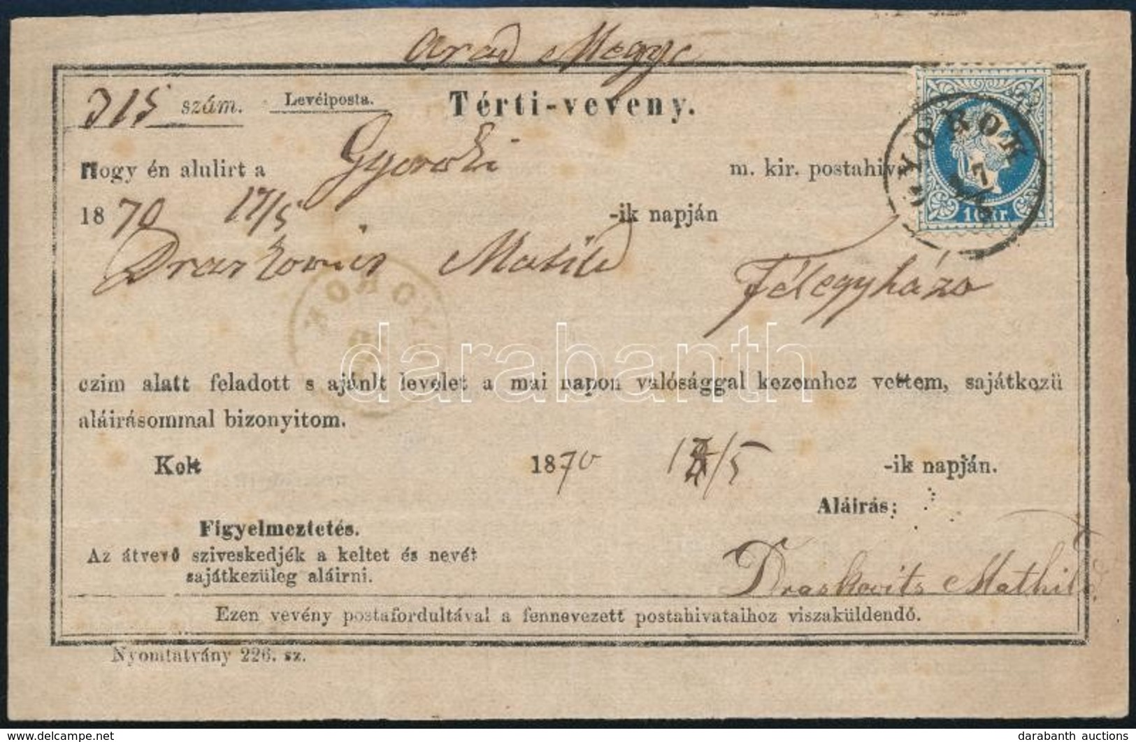 1870 10kr Tértivevényen / On Retour Recepisse 'GYOROK' - Altri & Non Classificati