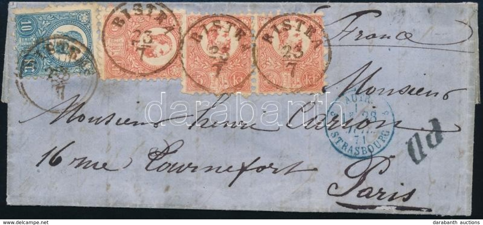 1871 3 X K?nyomat 5kr és Réznyomat 10kr Vegyes Bérmenteítés Levélen Párizsba / 3 X Mi 3 + Mi 11 Mixed Franking On Cover  - Altri & Non Classificati