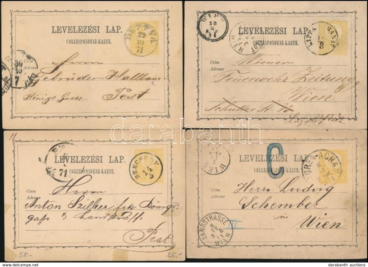 1871 4 Db 2kr Díjjegyes Futott Levelez?lap, II. Típus Sárga / 4 X 2kr PS-card, Type II. Yellow - Altri & Non Classificati