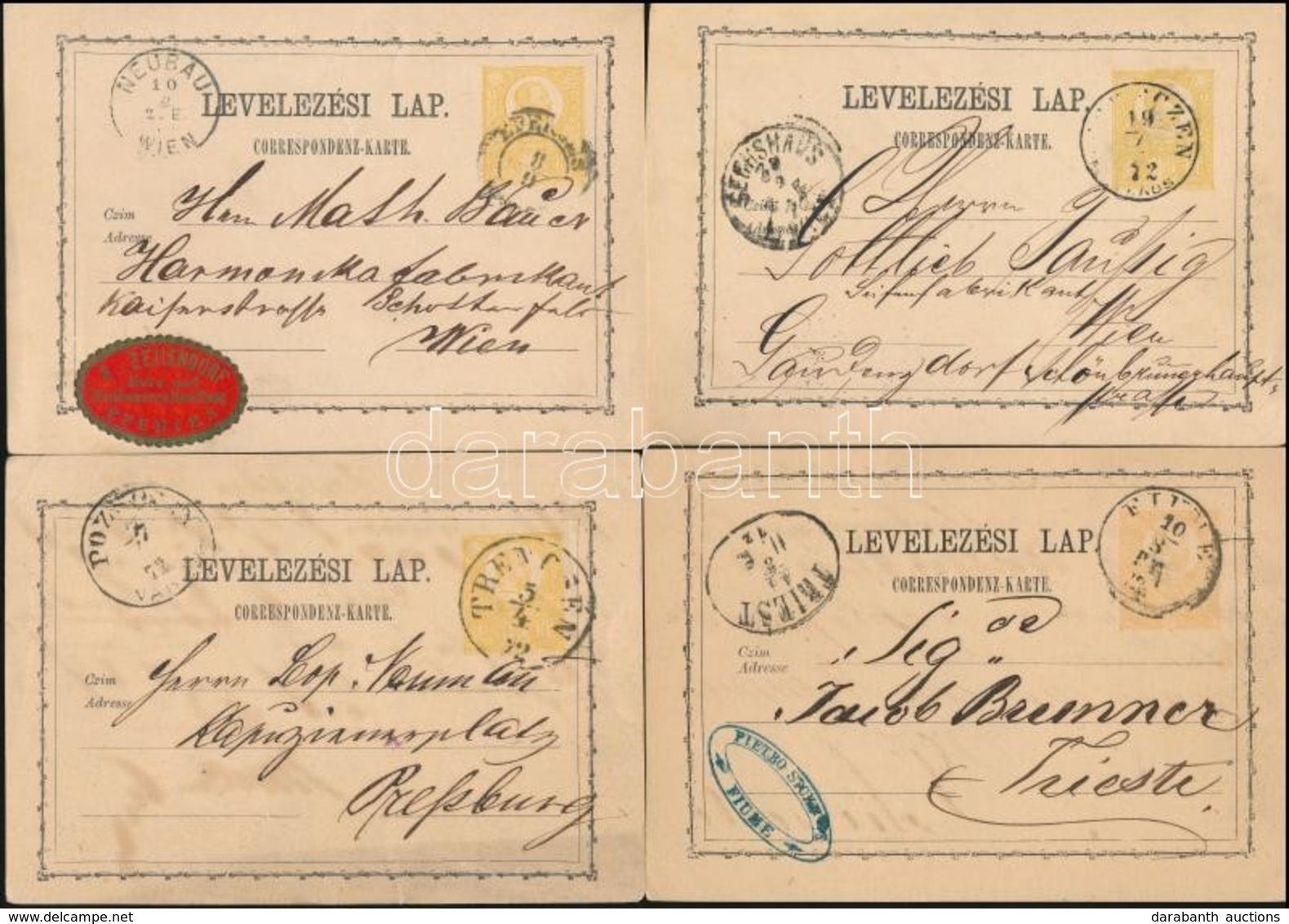 1872 4 Db 2kr Díjjegyes Futott Levelez?lap, II. Típus Sárga / 4 X 2kr PS-card, Type II. Yellow - Altri & Non Classificati