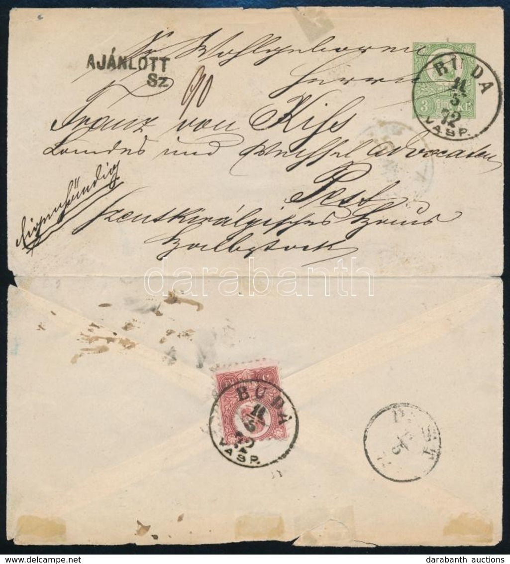 1872 3kr Díjjegyes Boríték Réznyomat 5kr Díjkiegészítéssel Helyi Ajánlott Levélként / 3kr PS-cover With Mi 10 Additional - Altri & Non Classificati