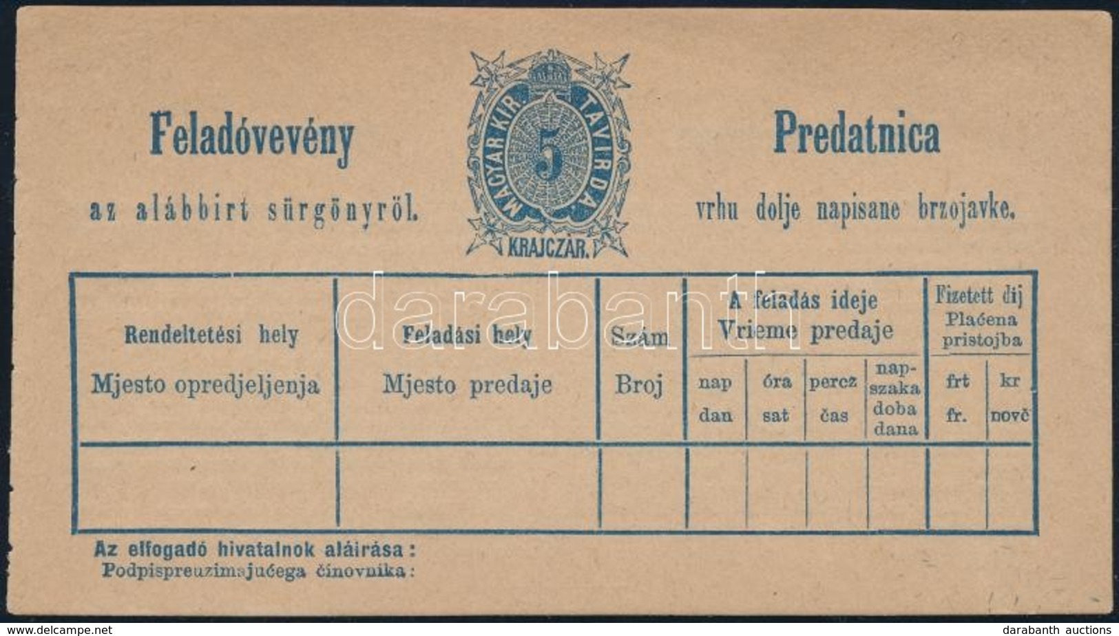 1874 5kr Használatlan Magyar-horvát Nyelv? Távírda Feladóvevény / 5kr Hungarian-Croatian PS-telegraph Sender's Receipt,  - Altri & Non Classificati