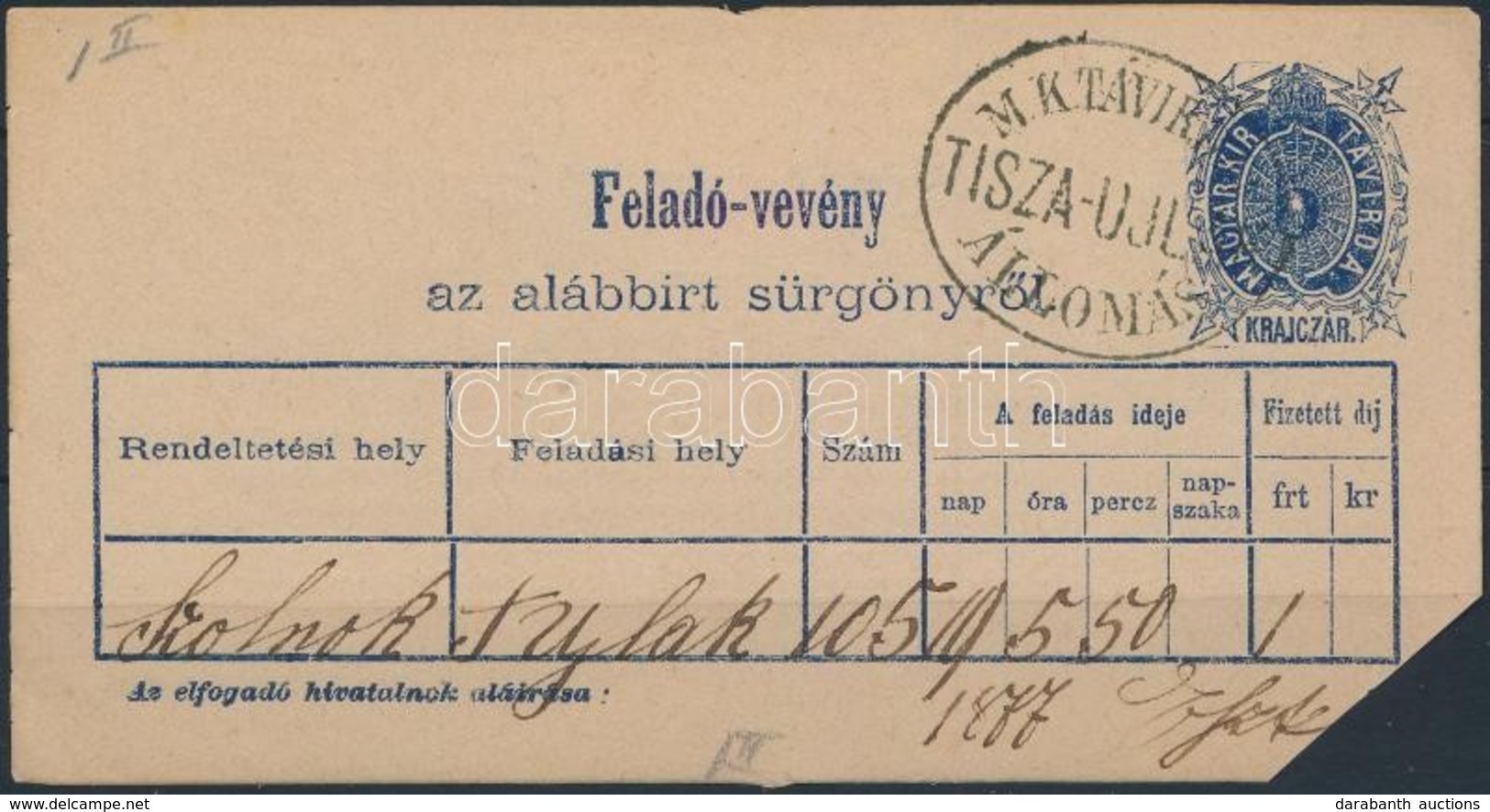 1877 Távirati Feladóvevény / Telegramm Receipt 'TISZA UJLAK' - Altri & Non Classificati