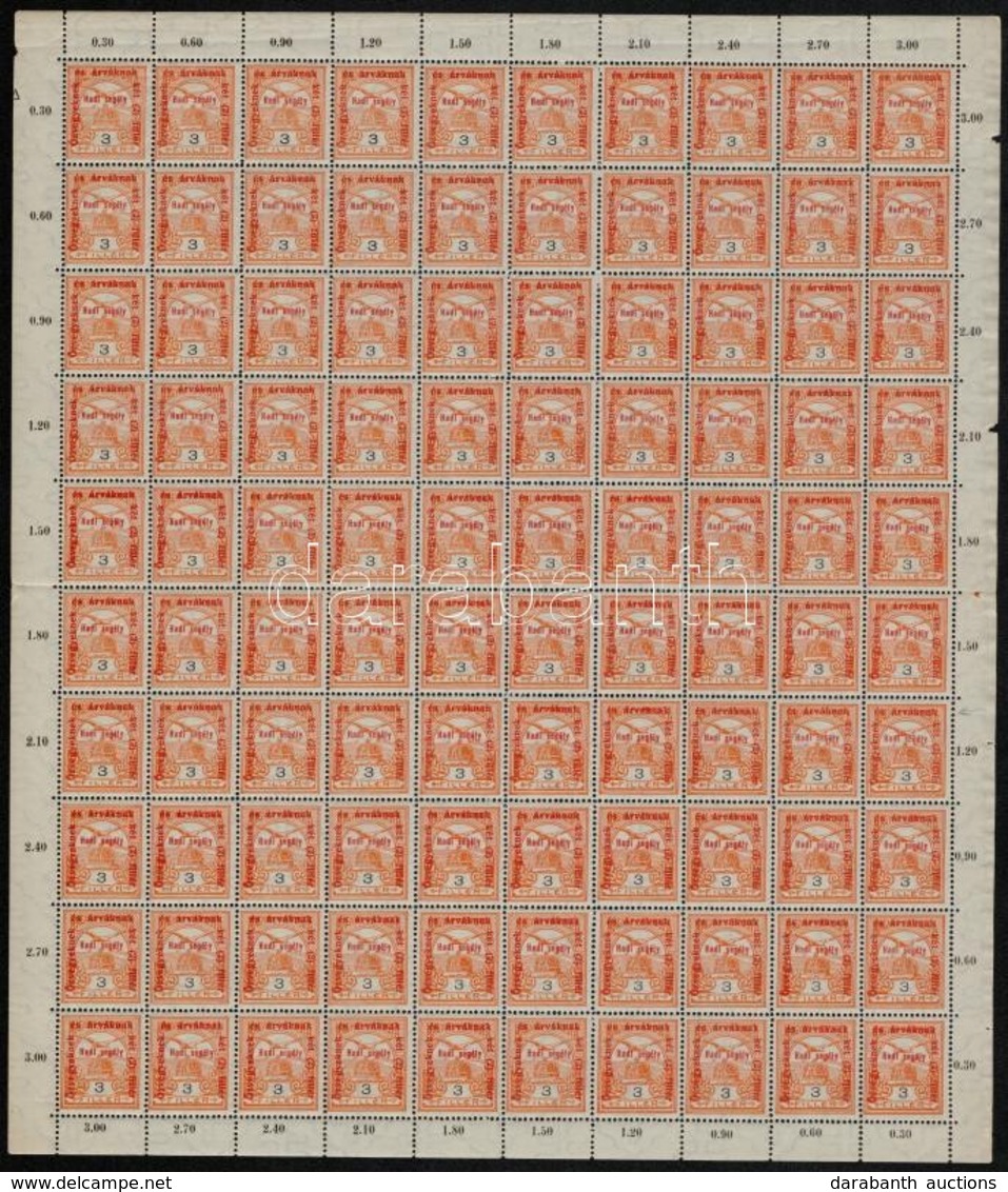 ** 1915 Hadisegély II. 3f Hajtott 100-as ív, B Típusú, Tévnyomattal / Folded Sheet Of 100 With Plate Variety - Altri & Non Classificati