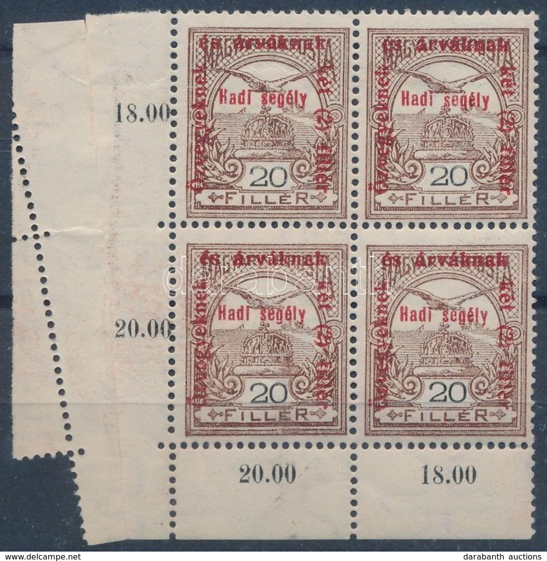 ** * 1915 Hadisegély II. 20f ívsarki Négyestömb ívbehajlás Miatti Látványos Elfogazással / Mi 170 Corner Block Of 4 With - Altri & Non Classificati