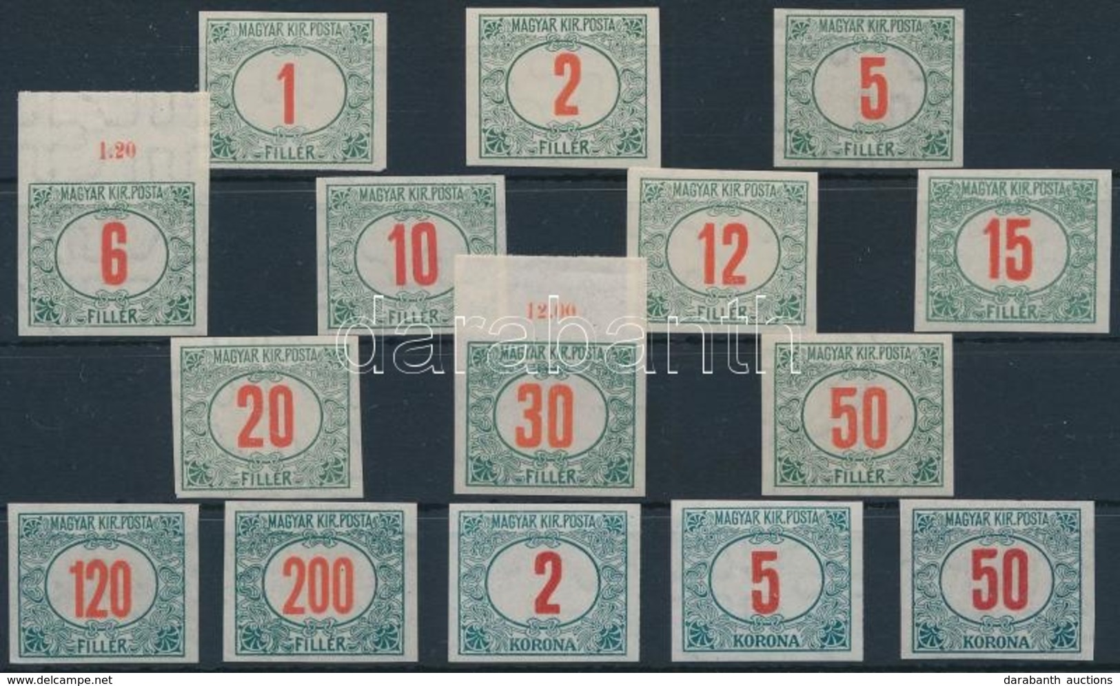 ** 1915 Pirosszámú Zöldportó Vágott Sor, Ritka (12.000) / Mi Postage Due 36-44, 65-67, 79-81 Imperforate Set (1f Ránc, 6 - Altri & Non Classificati