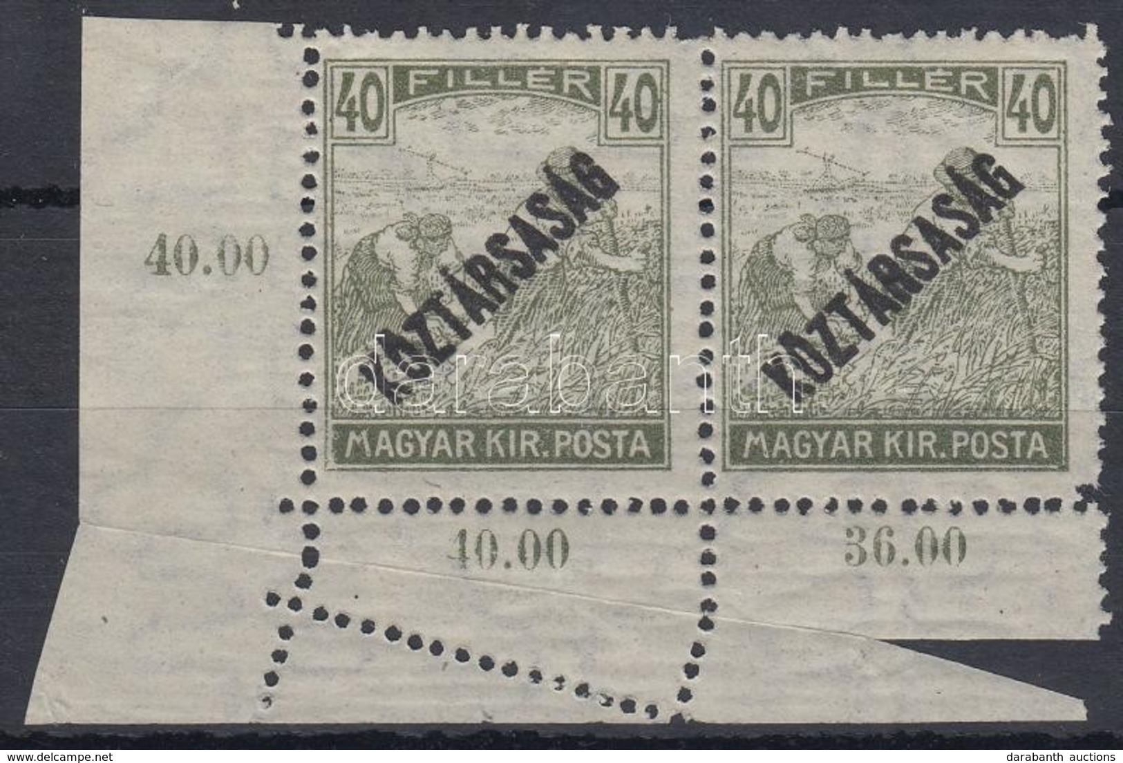 ** 1918 Köztársaság / Arató 40f Elfogazott ívsarki Pár / Mi 230 Misperforated Corner Pair - Sonstige & Ohne Zuordnung