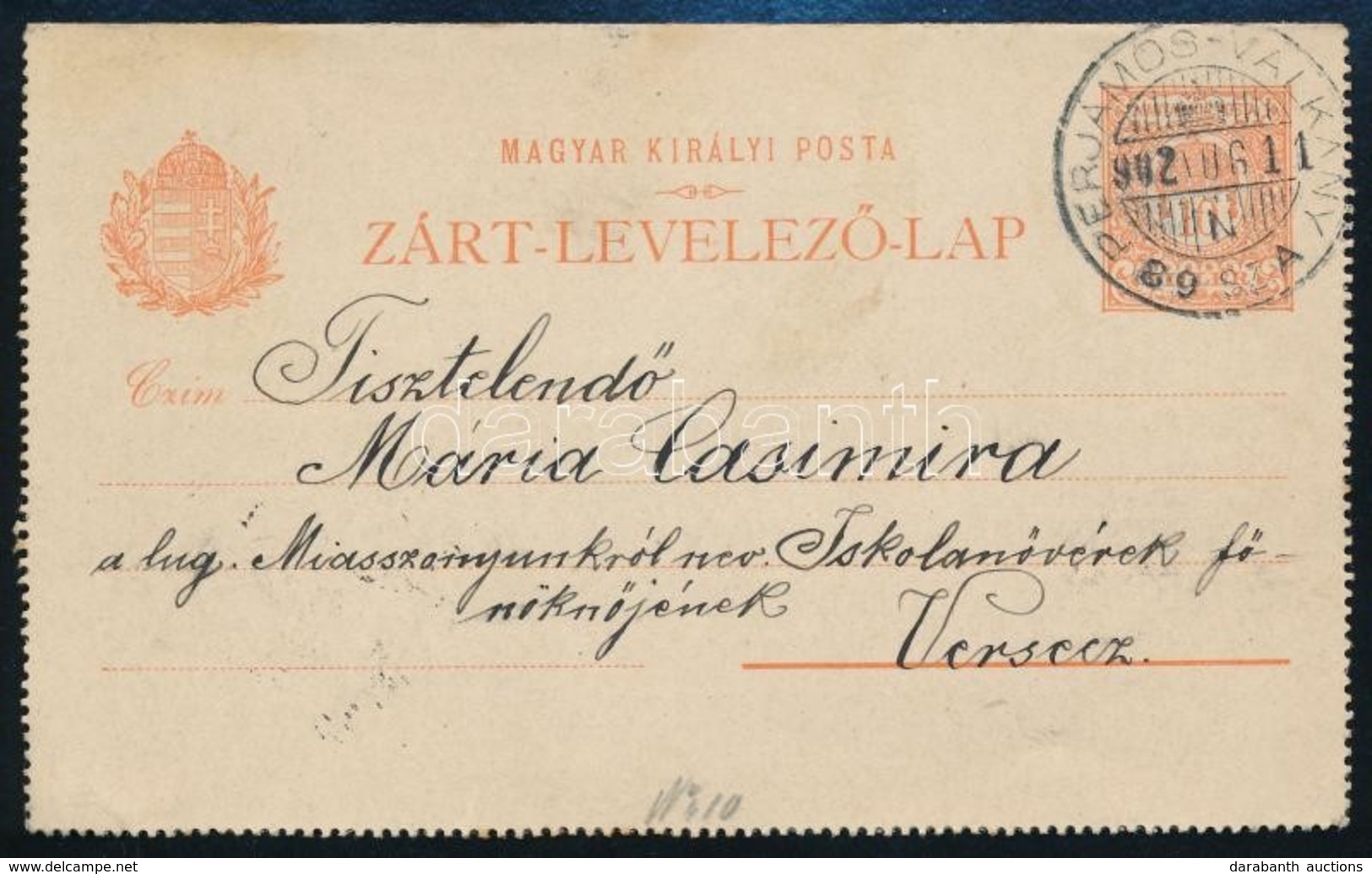1902 Díjjegyes Zárt Levelez?lap PERJÁMOS-VALKÁNY Vasúti Bélyegzéssel / PS-cover Card With Railway Cancellation - Sonstige & Ohne Zuordnung