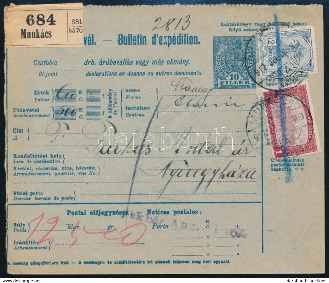 1917 Utánvétes értéknyilvánításos Csomagszállító 3K Bérmentesítéssel Kárpátaljáról / COD Parcel Card With 3K Franking 'M - Altri & Non Classificati