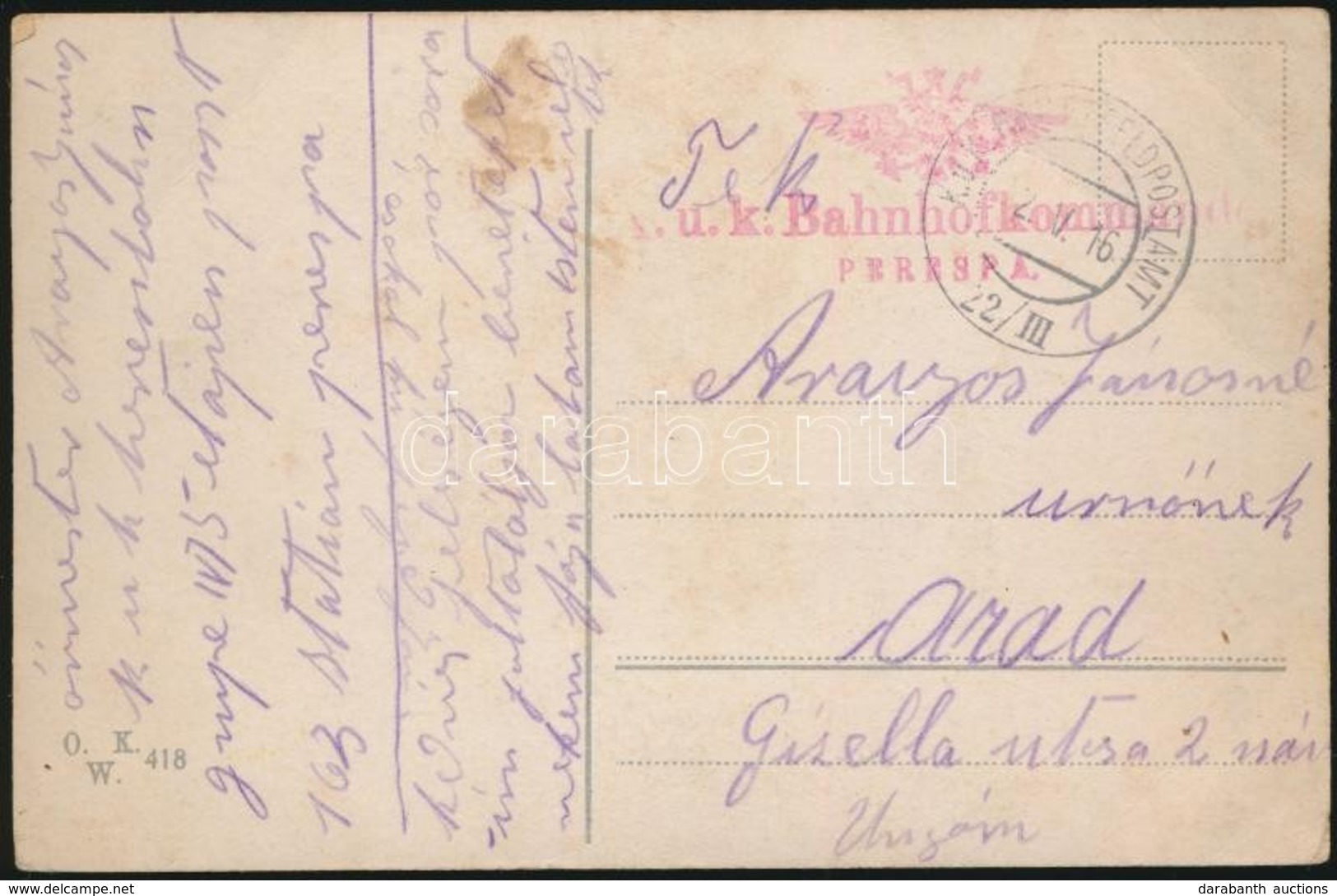 1916 Tábori Posta Képeslap / Field Postcard 'K.u.k. Bahnhofkommando PERESPA' + 'FP 22/III' - Altri & Non Classificati
