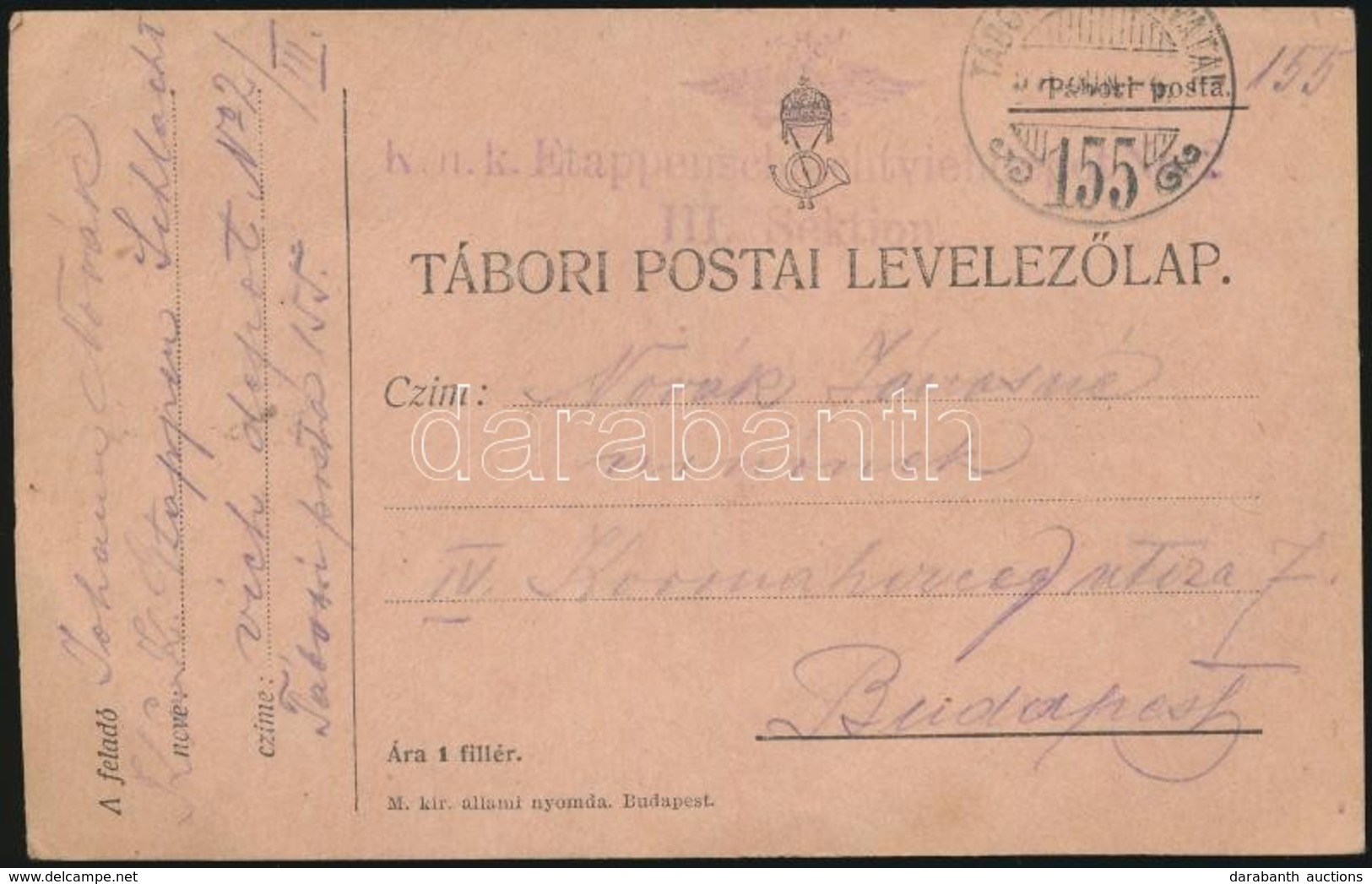 1916 Tábori Posta Levelez?lap / Field Postcard 'K.u.k. Etappenschlachtvieltdepot No.2. III. Sektion' + 'TP 155' - Altri & Non Classificati