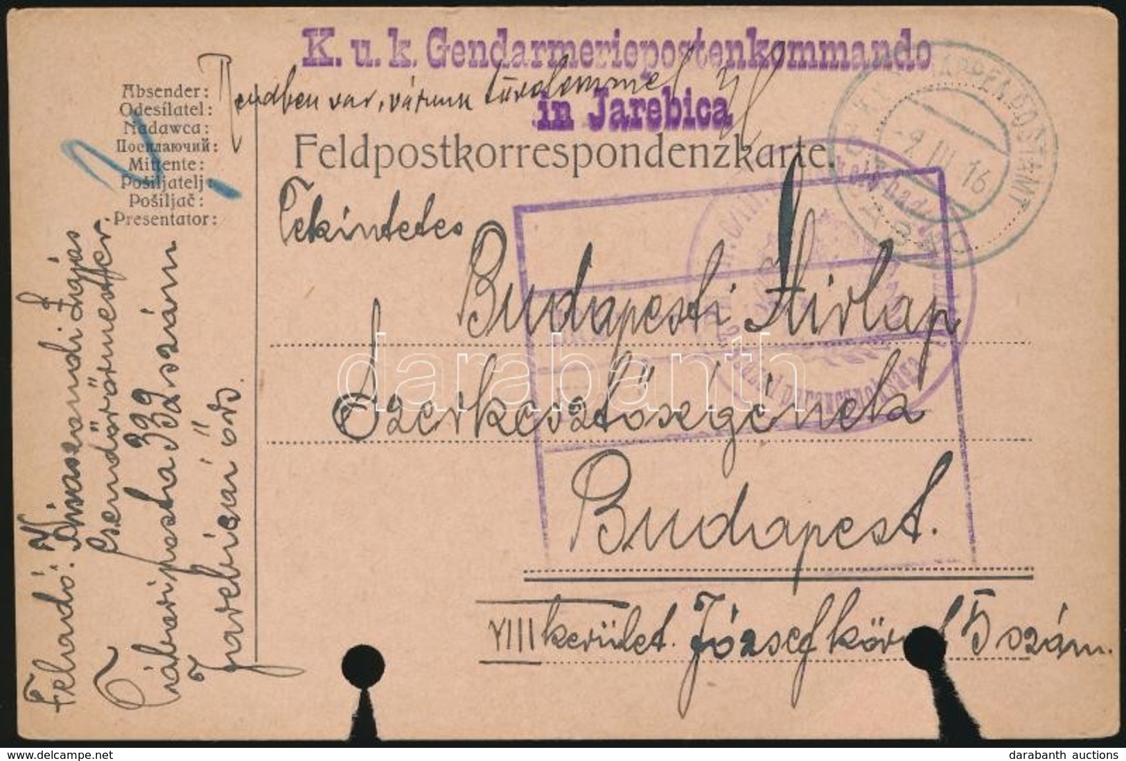 1916 Tábori Posta Levelez?lap / Field Postcard 'K.u.k. Gendarmeriepostenkommando In Jarebica' + 'EP SABAC B' - Altri & Non Classificati