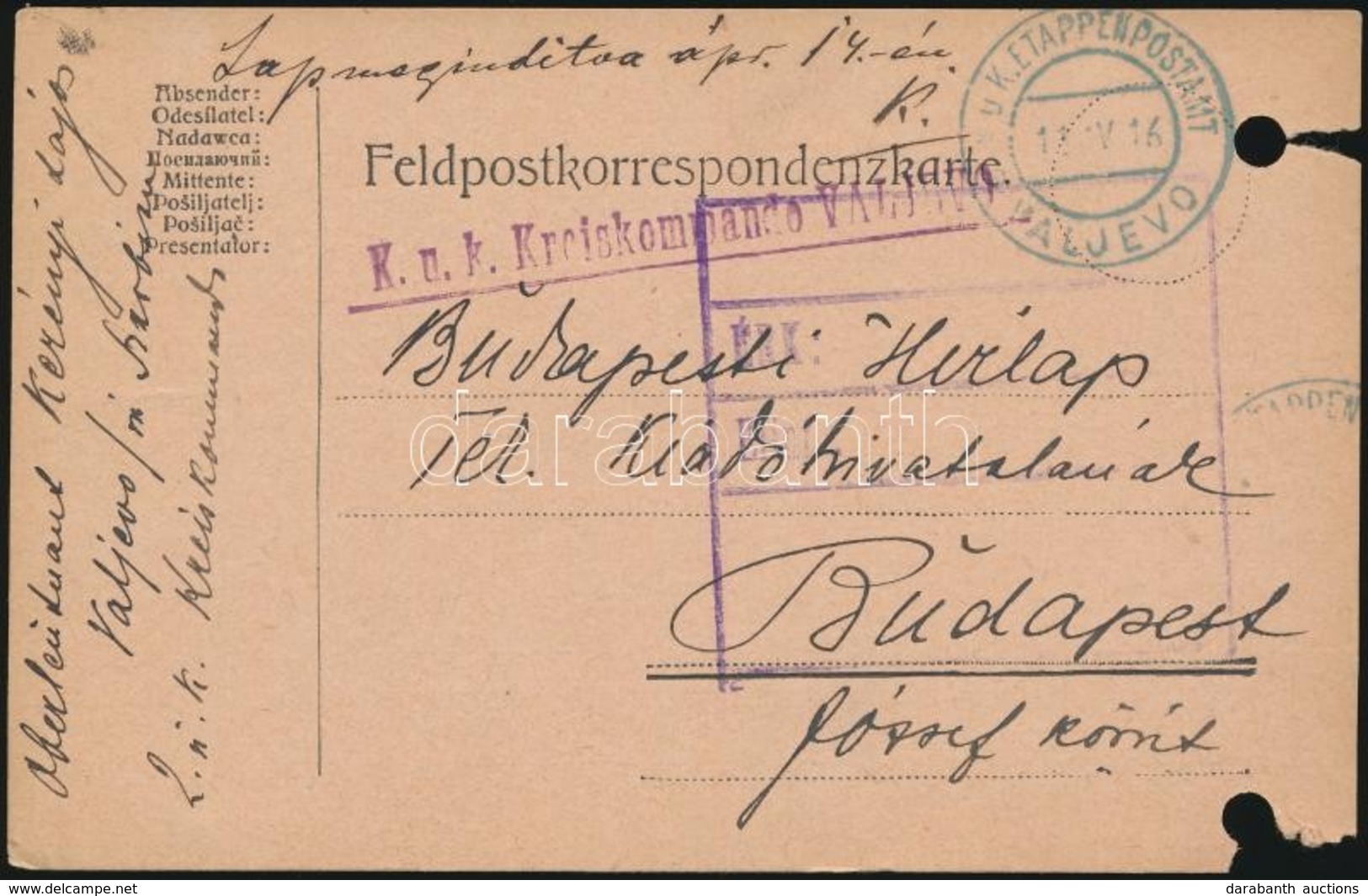 1916 Tábori Posta Levelez?lap / Field Postcard 'K.u.k. Kreiskommando VALJEVO' + 'EP VALJEVO' - Altri & Non Classificati