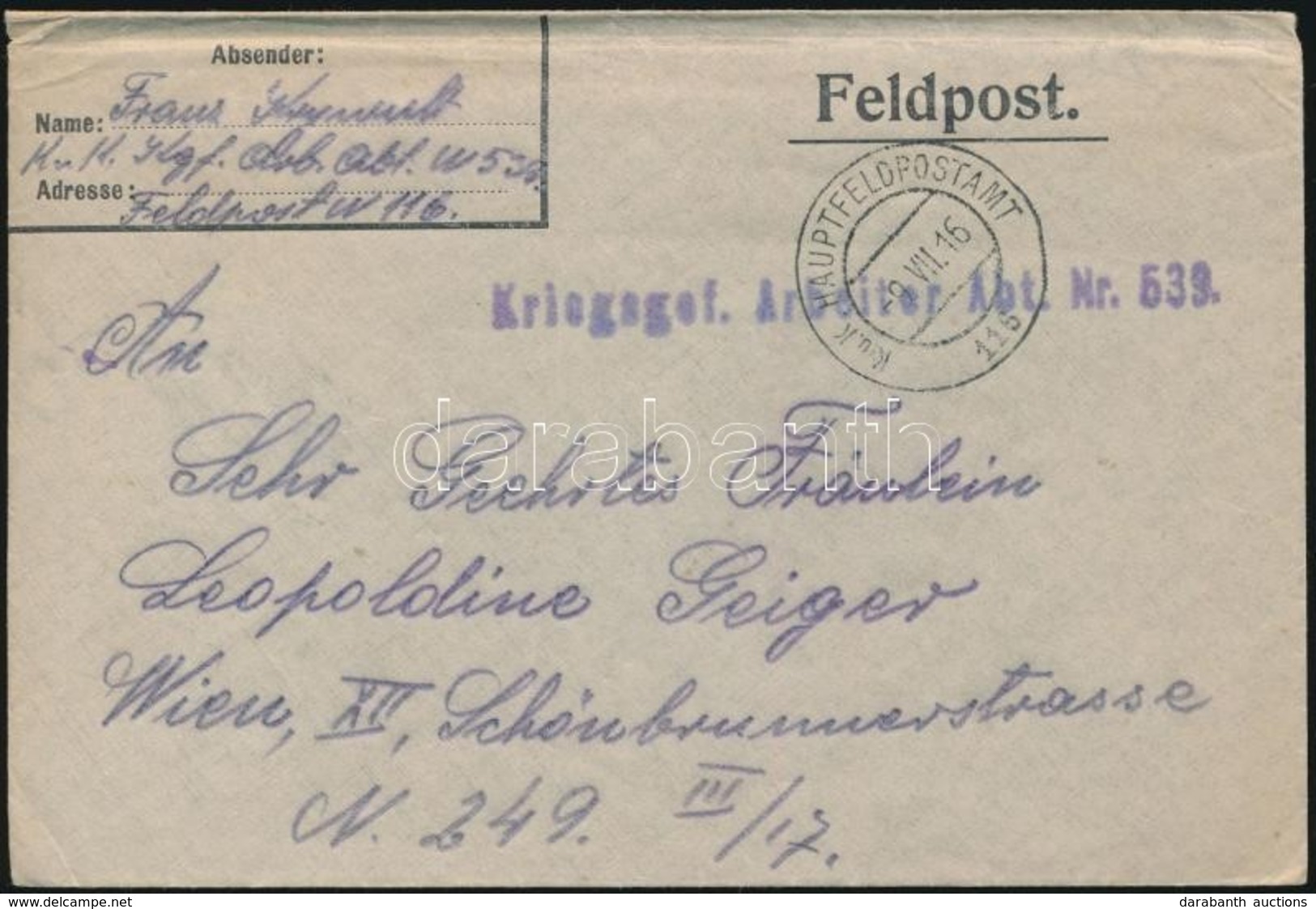 1916 Tábori Posta Levél / Field Post Cover 'Kriegsgef. Arbeiter Abt. Nr. 539' + 'HP 116' - Altri & Non Classificati