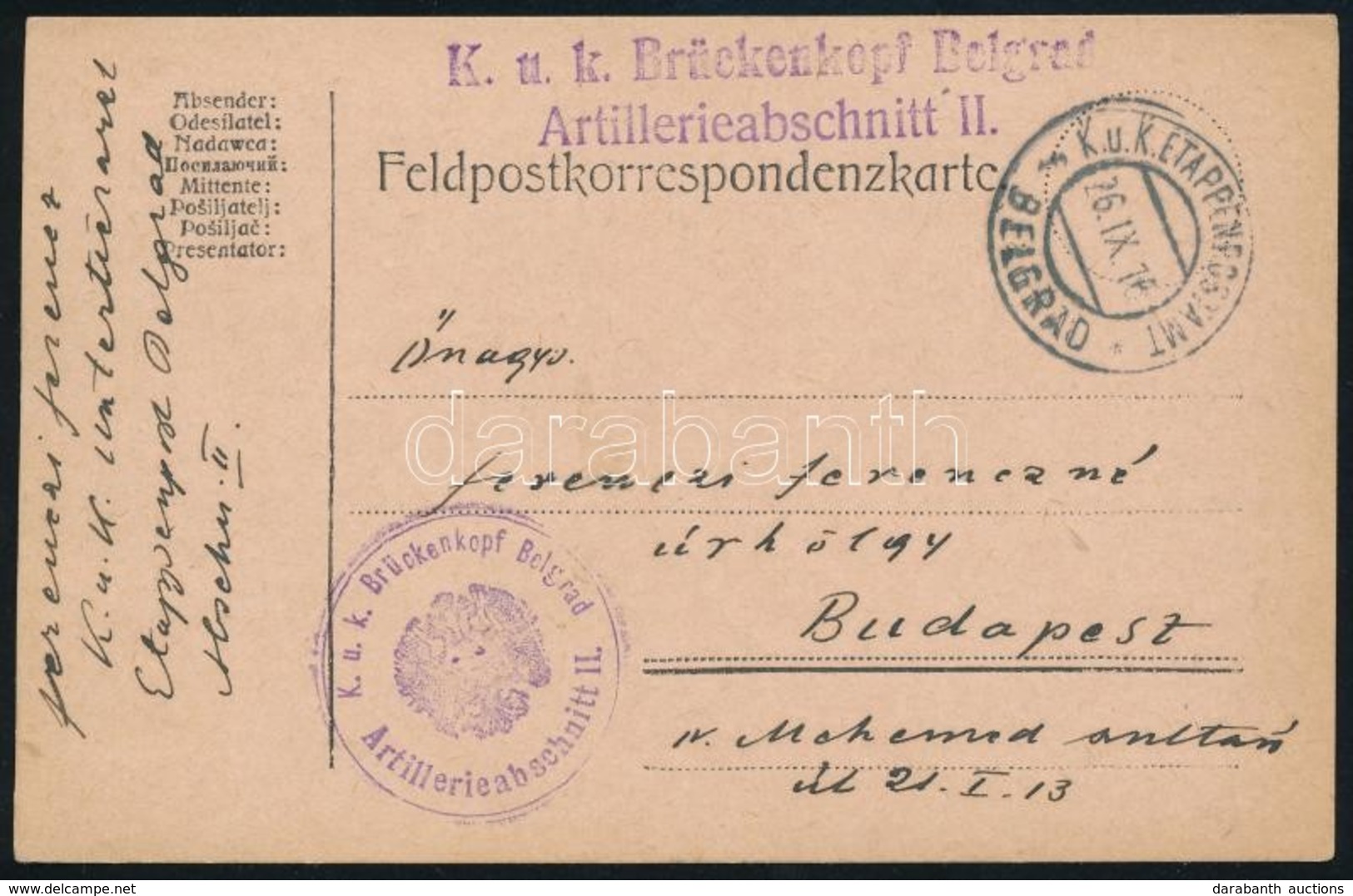 1916 Tábori Posta Levelez?lap / Field Postcard 'K.u.k. Brückenkopf Belgrad Artillerieabschnitt II.' + 'EP BELGRAD F' - Altri & Non Classificati