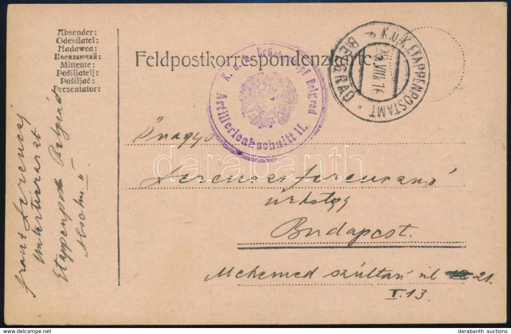 1916 Tábori Posta Levelez?lap / Field Postcard 'K.u.k. Brückenkopf Belgrad Artillerieabschnitt II.' - Altri & Non Classificati