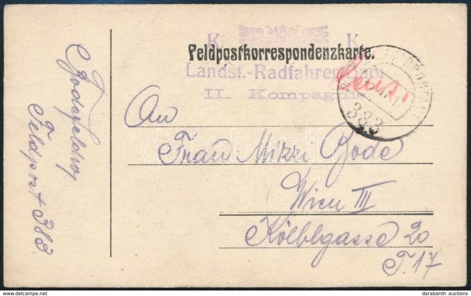 1917 Rajzos Tábori Posta Levelez?lap / Field Postcard 'K.k. Landst.-Radfahrer Baon II. Kompagnie' + 'FP 383 A' - Andere & Zonder Classificatie