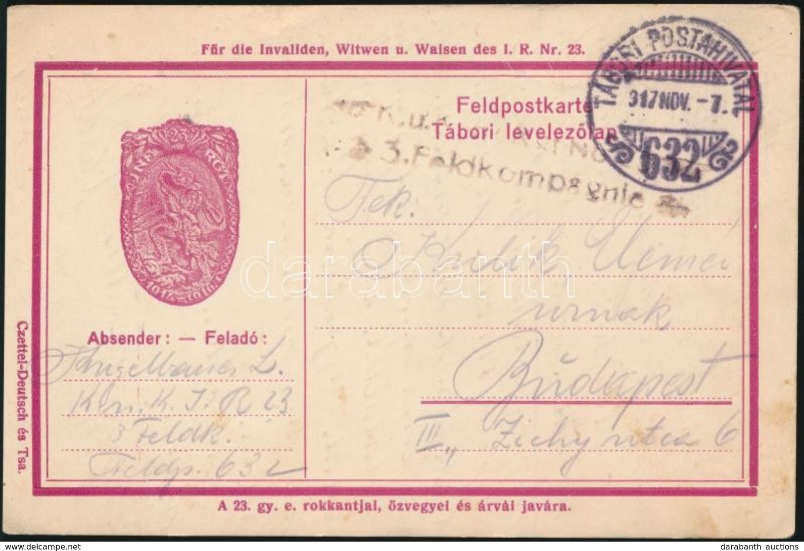 1917 Tábori Posta Levelez?lap / Field Postcard 'K.u.K. Kgr. No. 23. 3.Feldkompagnie' + 'TP 632' - Andere & Zonder Classificatie