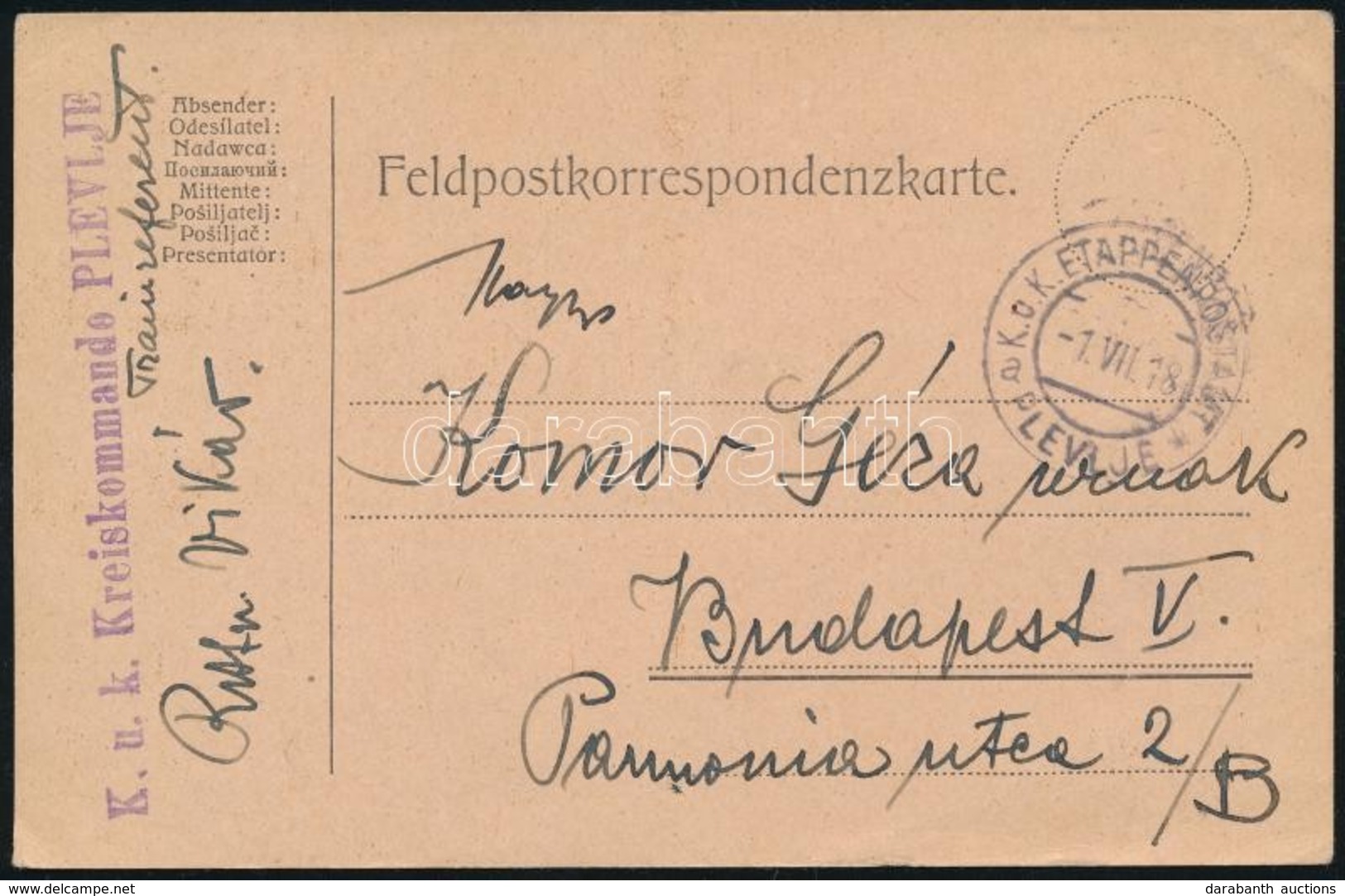 1918 Tábori Posta Levelez?lap / Field Postcard 'K.u.k. Kreiskommando PLEVLJE' + 'EP PLEVLJE A' - Andere & Zonder Classificatie