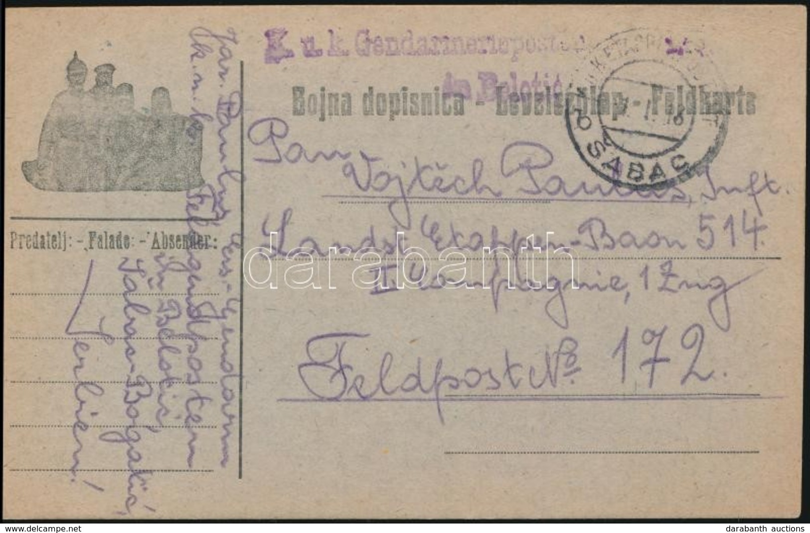 1918 Tábori Posta Levelez?lap / Field Postcard 'K.u.k. Gendarinerieposten In Belstic' + 'EP SABAC B' - Andere & Zonder Classificatie