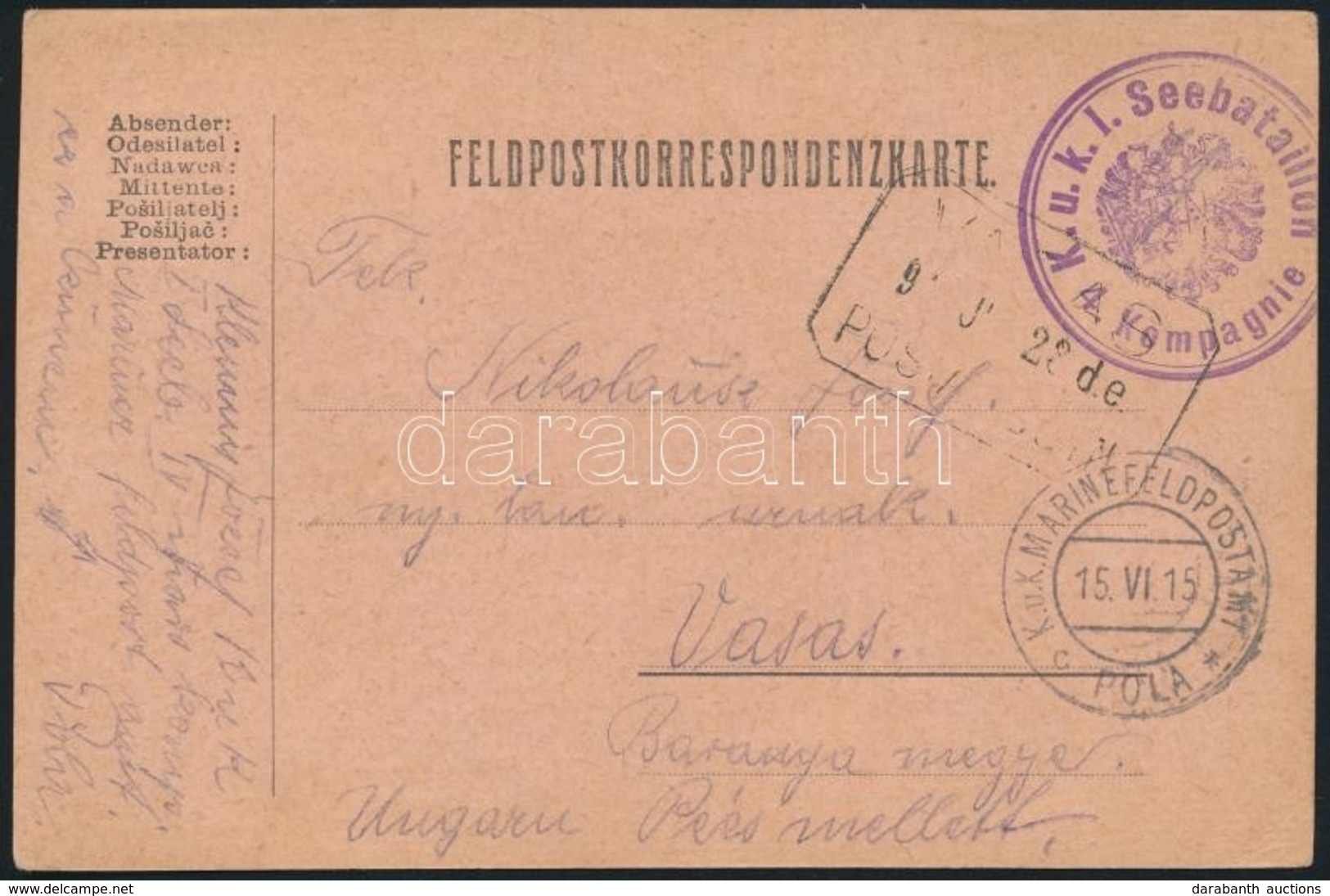 1915 Tábori Posta Levelez?lap / Field Postcard 'K.u.k. I. Seebataillon 4. Kompagnie' + 'MFP POLA C' - Altri & Non Classificati