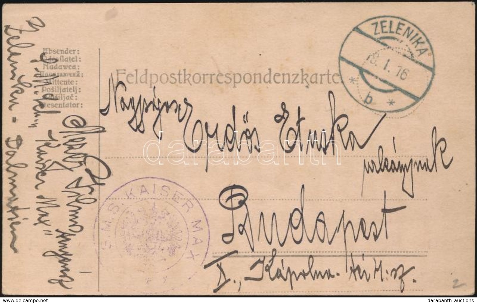 1915 Tábori Posta Levelez?lap / Navy Mail Postcard 'S.M.S. KAISER MAX' + 'ZELENIKA' - Altri & Non Classificati