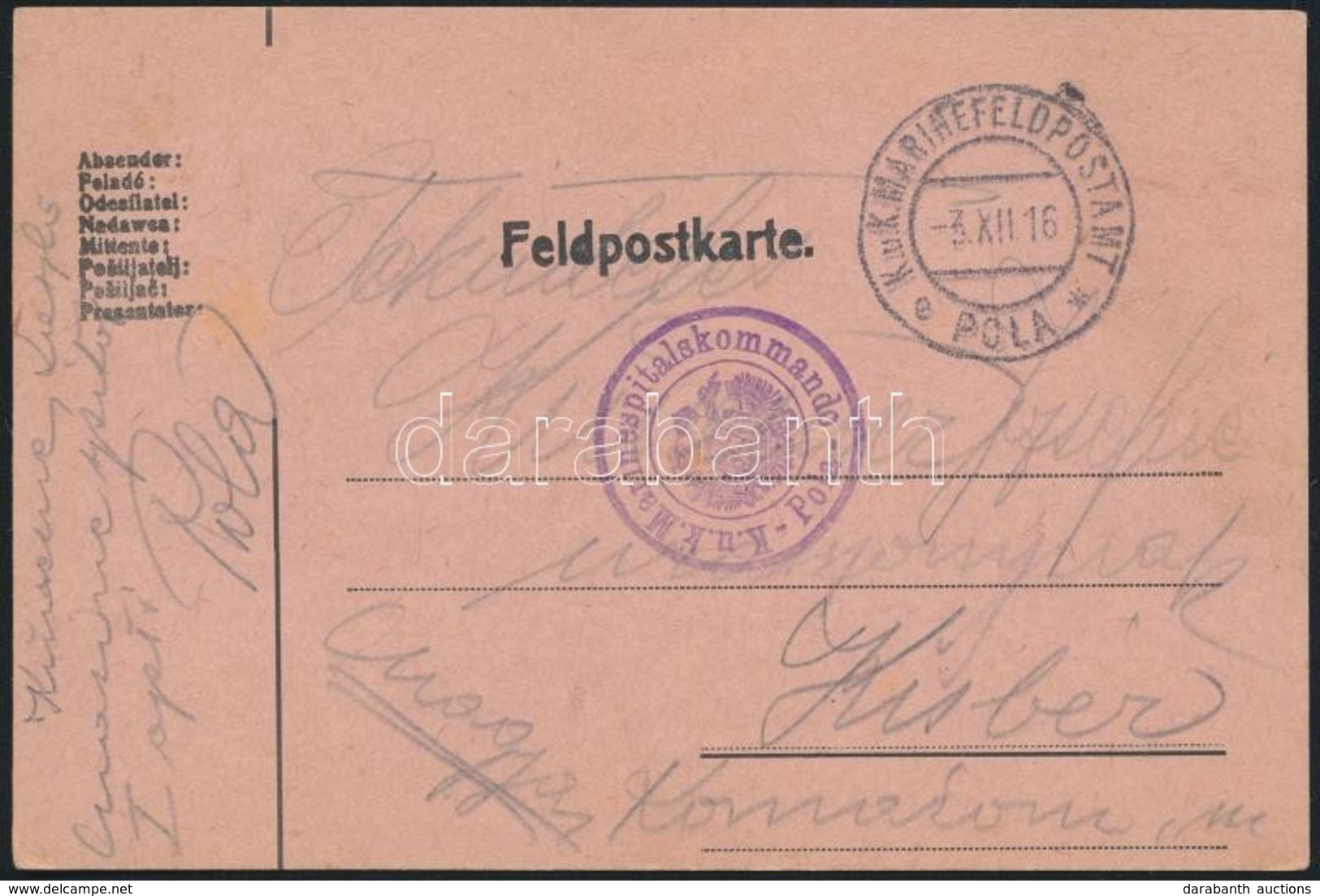 1916 Tábori Posta Levelez?lap / Field Postcard 'K.u.k. Marinespitalskommando Pola' + 'MFP POLA A' - Altri & Non Classificati