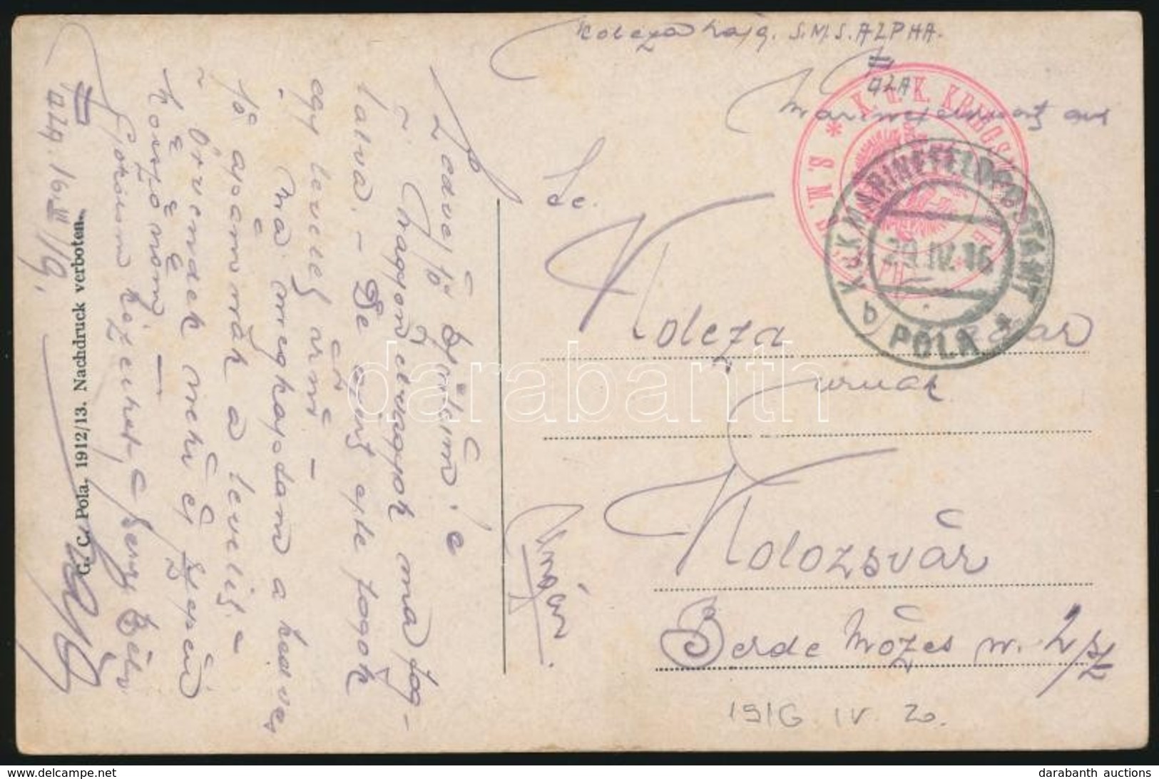 1916 Tábori Posta Képeslap Hajópostával / Field Postcard 'S.M.S. ALPHA' - Altri & Non Classificati